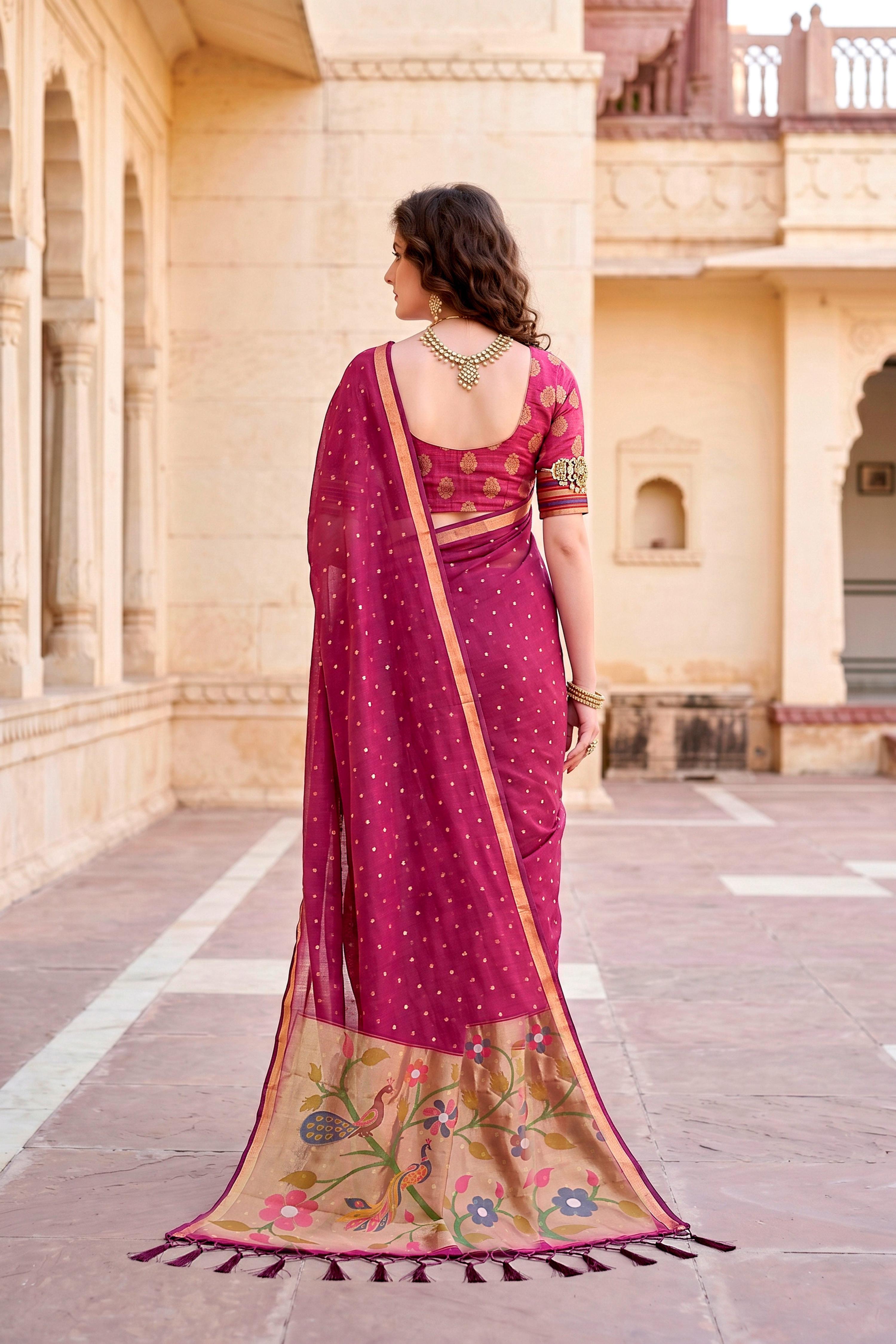 Sangam Prints Pink Cotton Blend Woven Work Traditional Saree | Grocsy