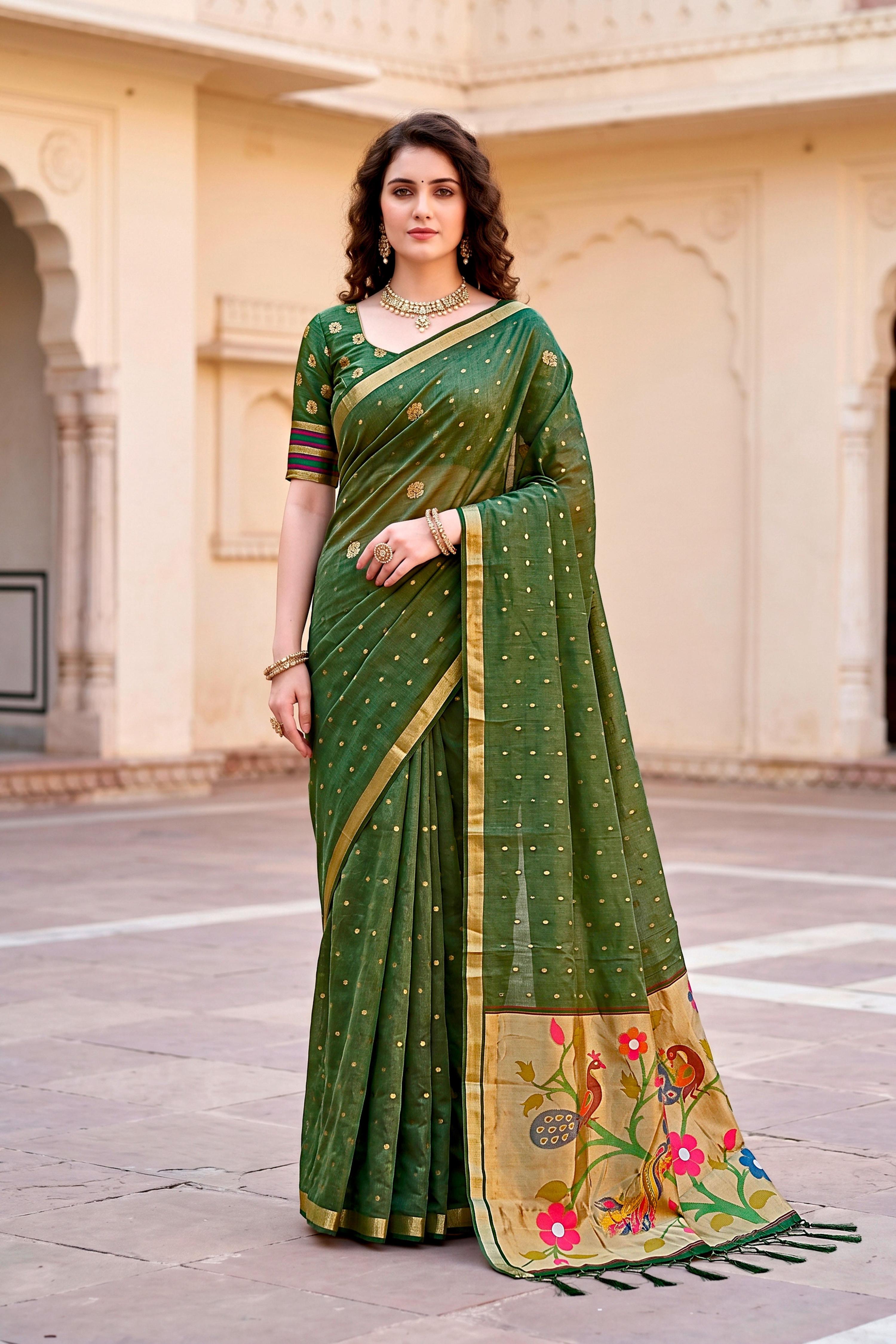 Sangam Prints Mehndi Green Cotton Blend Woven Work Traditional Saree | Grocsy