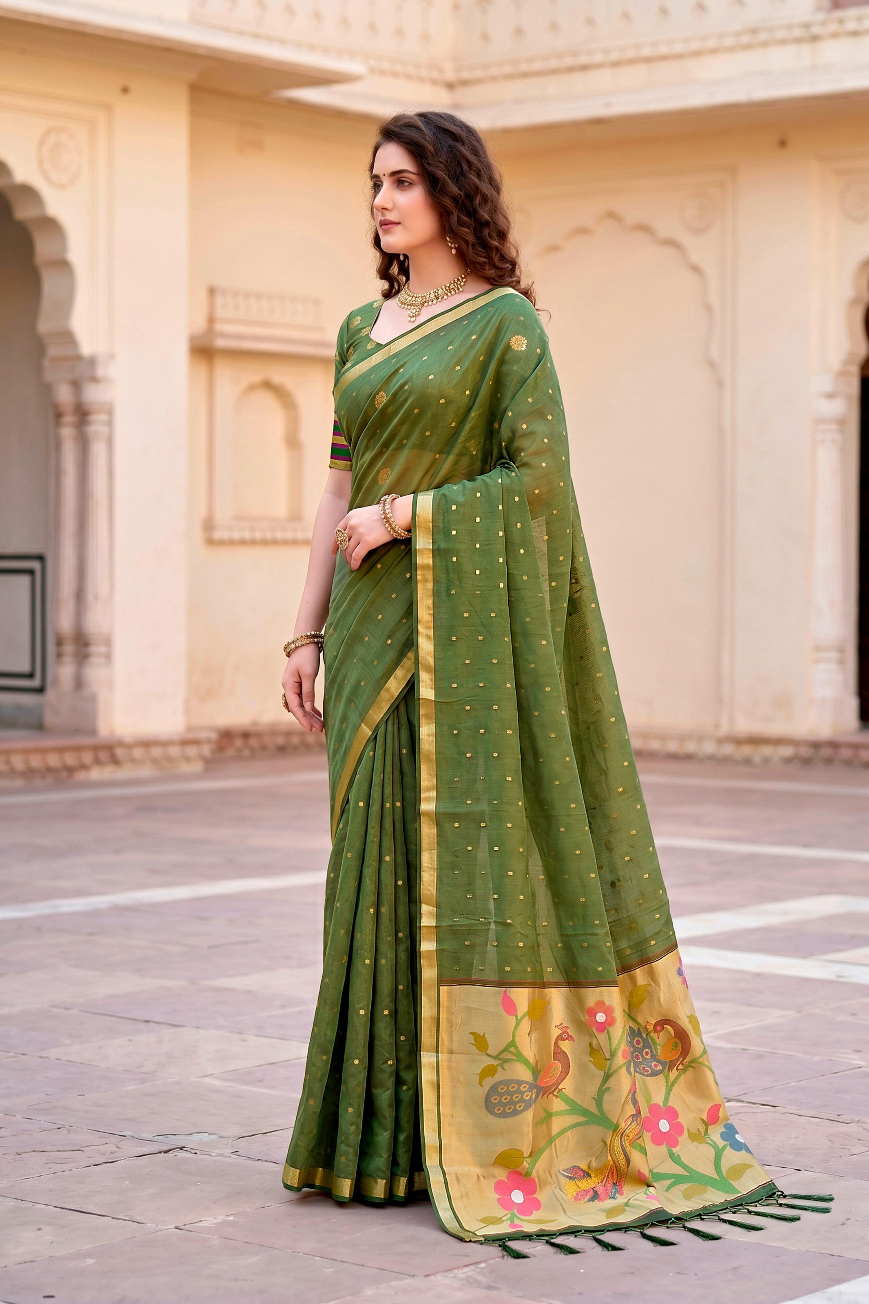 Sangam Prints Mehndi Green Cotton Blend Woven Work Traditional Saree | Grocsy
