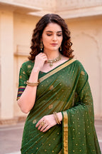 Sangam Prints Mehndi Green Cotton Blend Woven Work Traditional Saree | Grocsy
