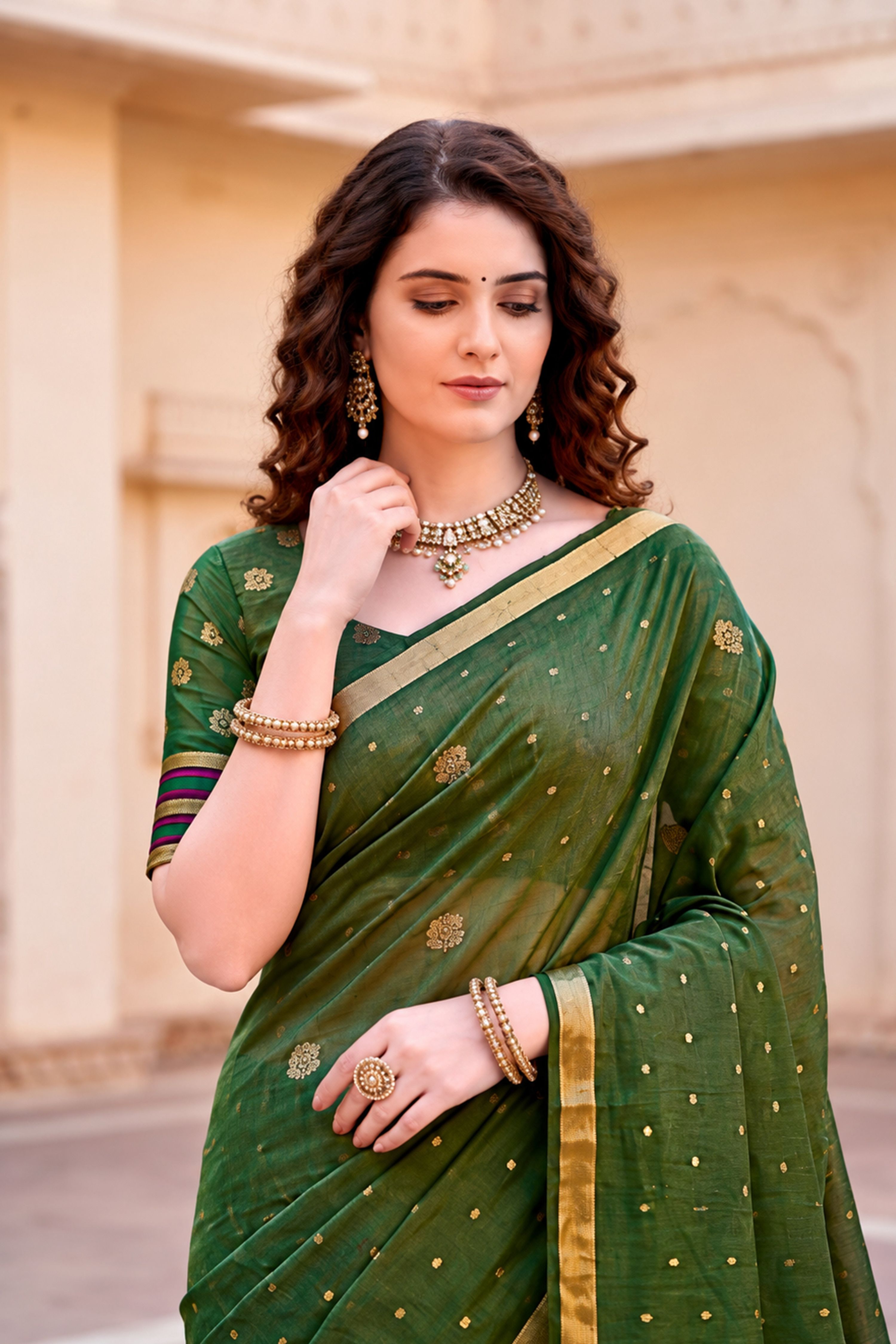 Sangam Prints Mehndi Green Cotton Blend Woven Work Traditional Saree | Grocsy
