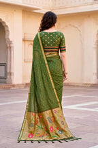 Sangam Prints Mehndi Green Cotton Blend Woven Work Traditional Saree | Grocsy