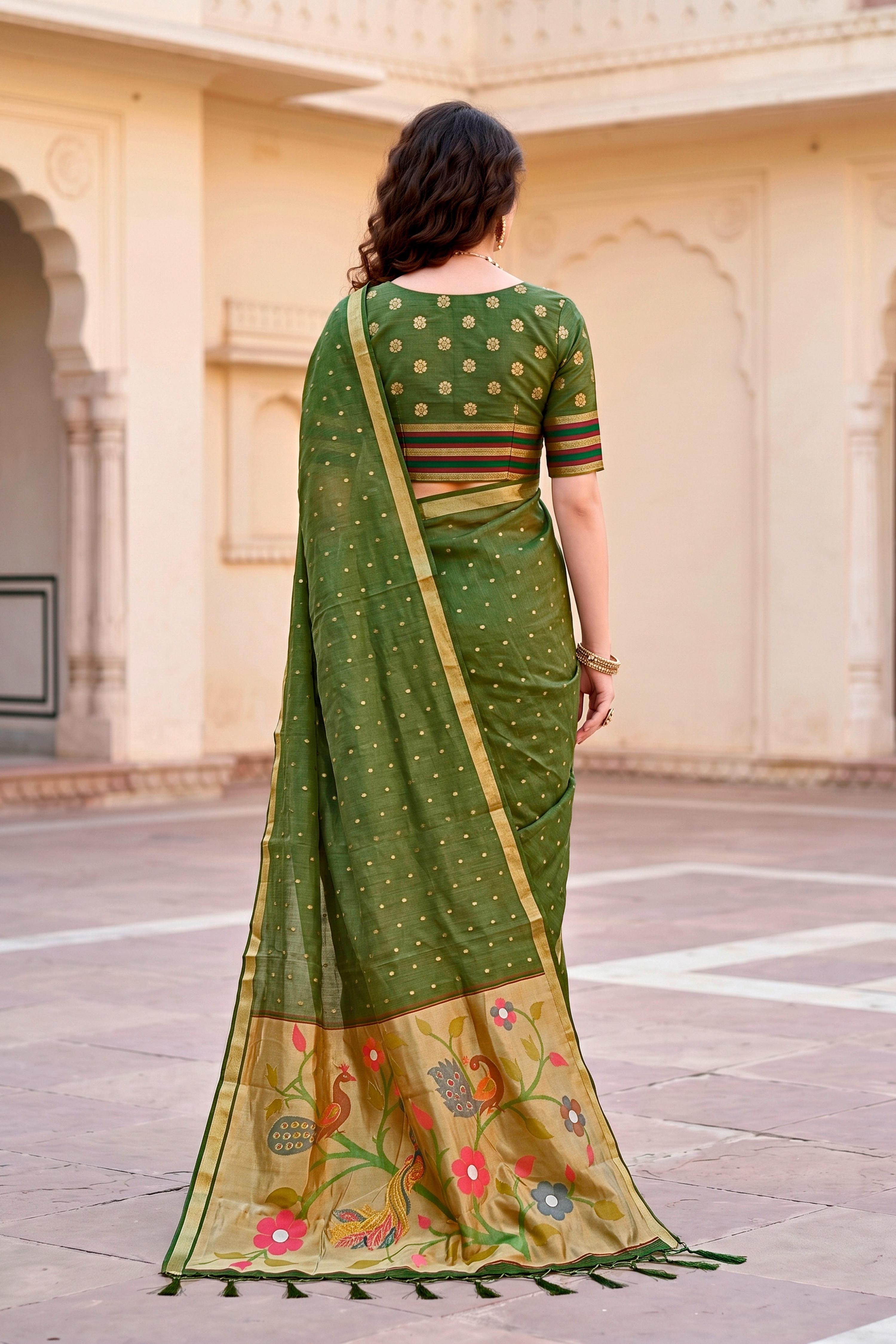 Sangam Prints Mehndi Green Cotton Blend Woven Work Traditional Saree | Grocsy