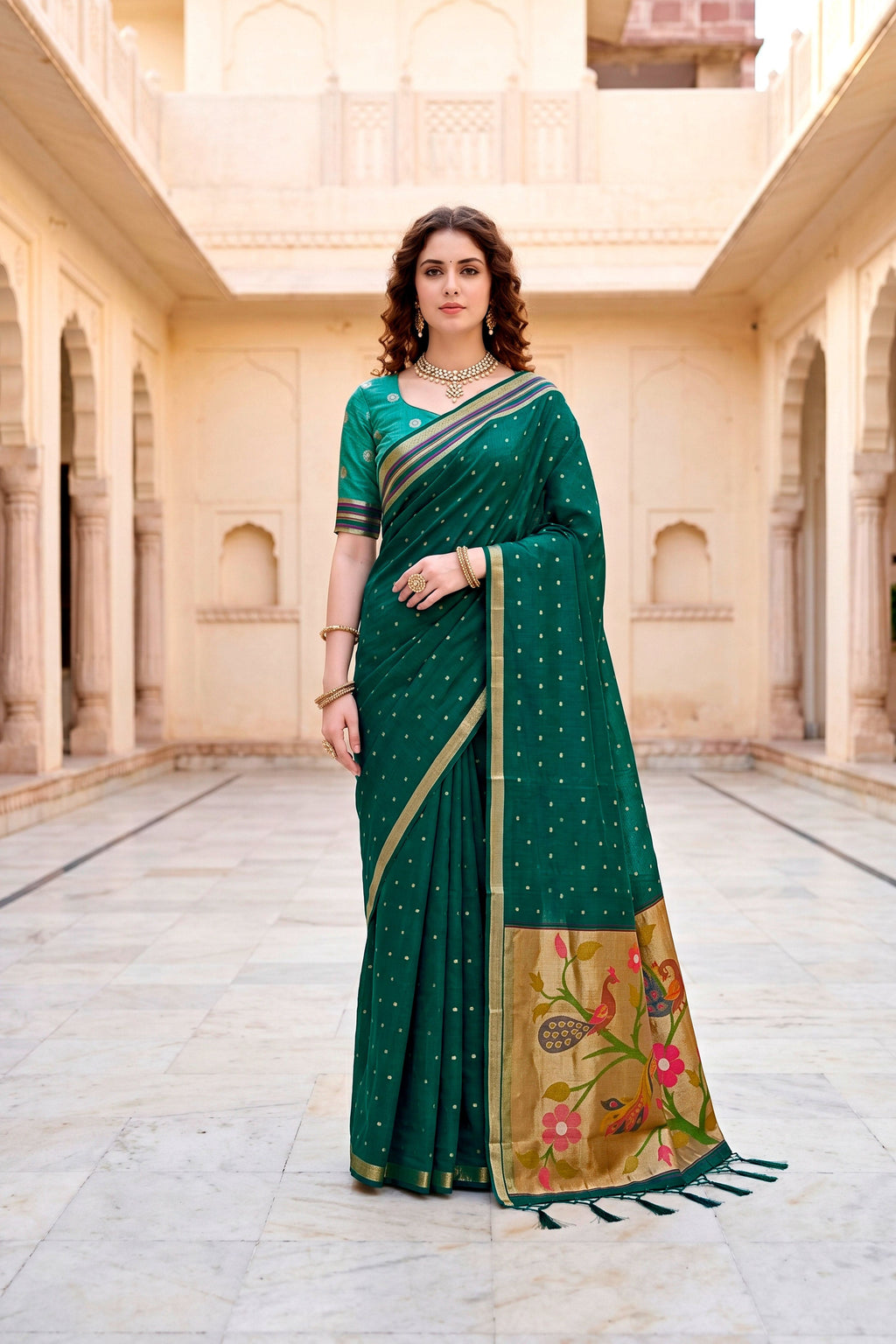 Sangam Prints Emerald Green Cotton Blend Woven Work Traditional Saree | Grocsy