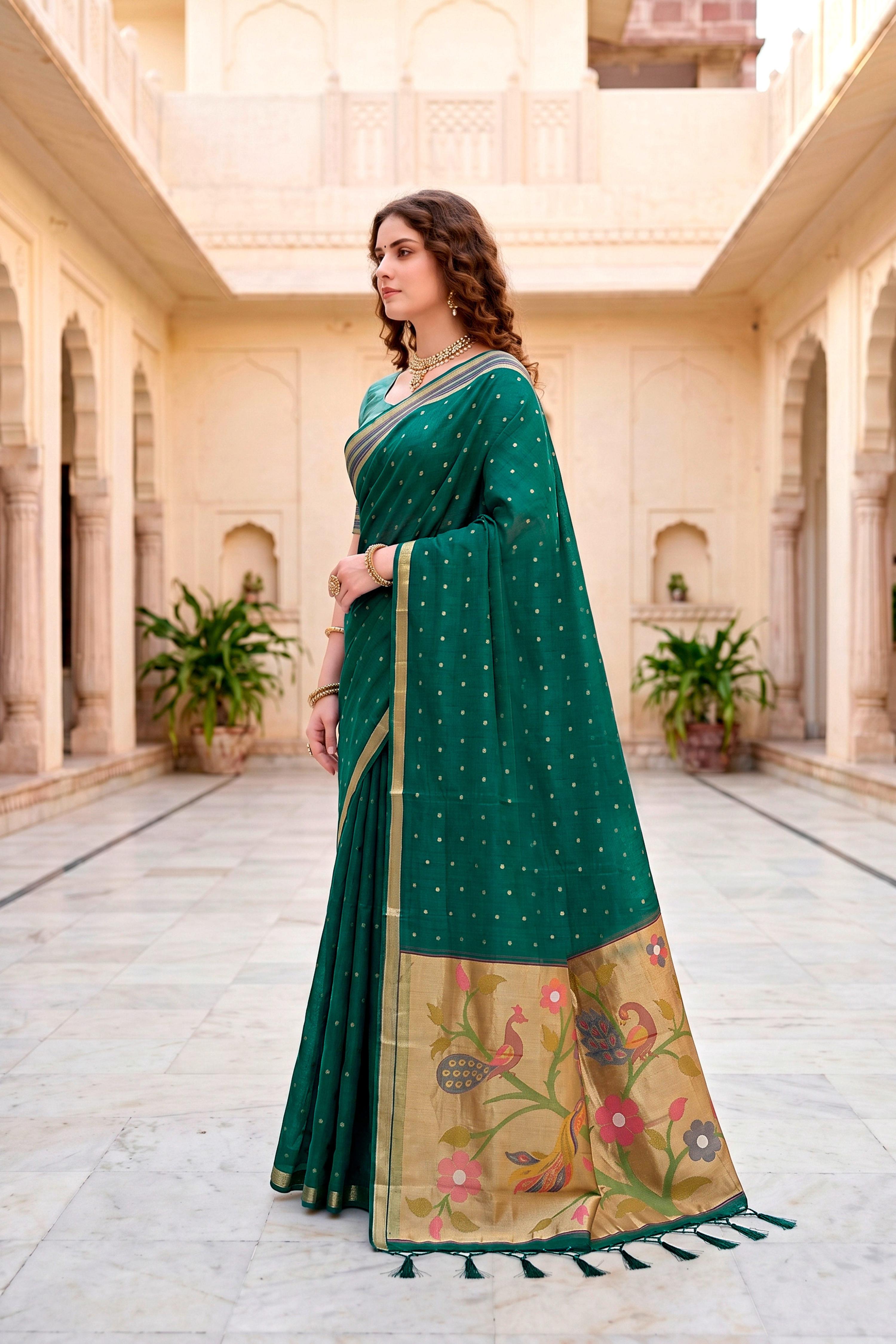 Sangam Prints Emerald Green Cotton Blend Woven Work Traditional Saree | Grocsy
