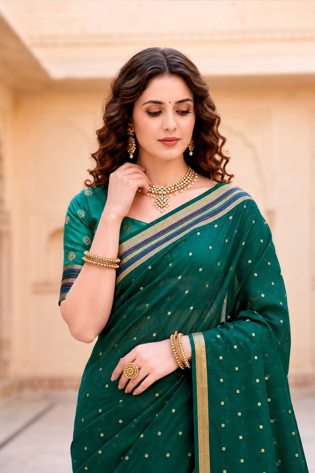 Sangam Prints Emerald Green Cotton Blend Woven Work Traditional Saree | Grocsy