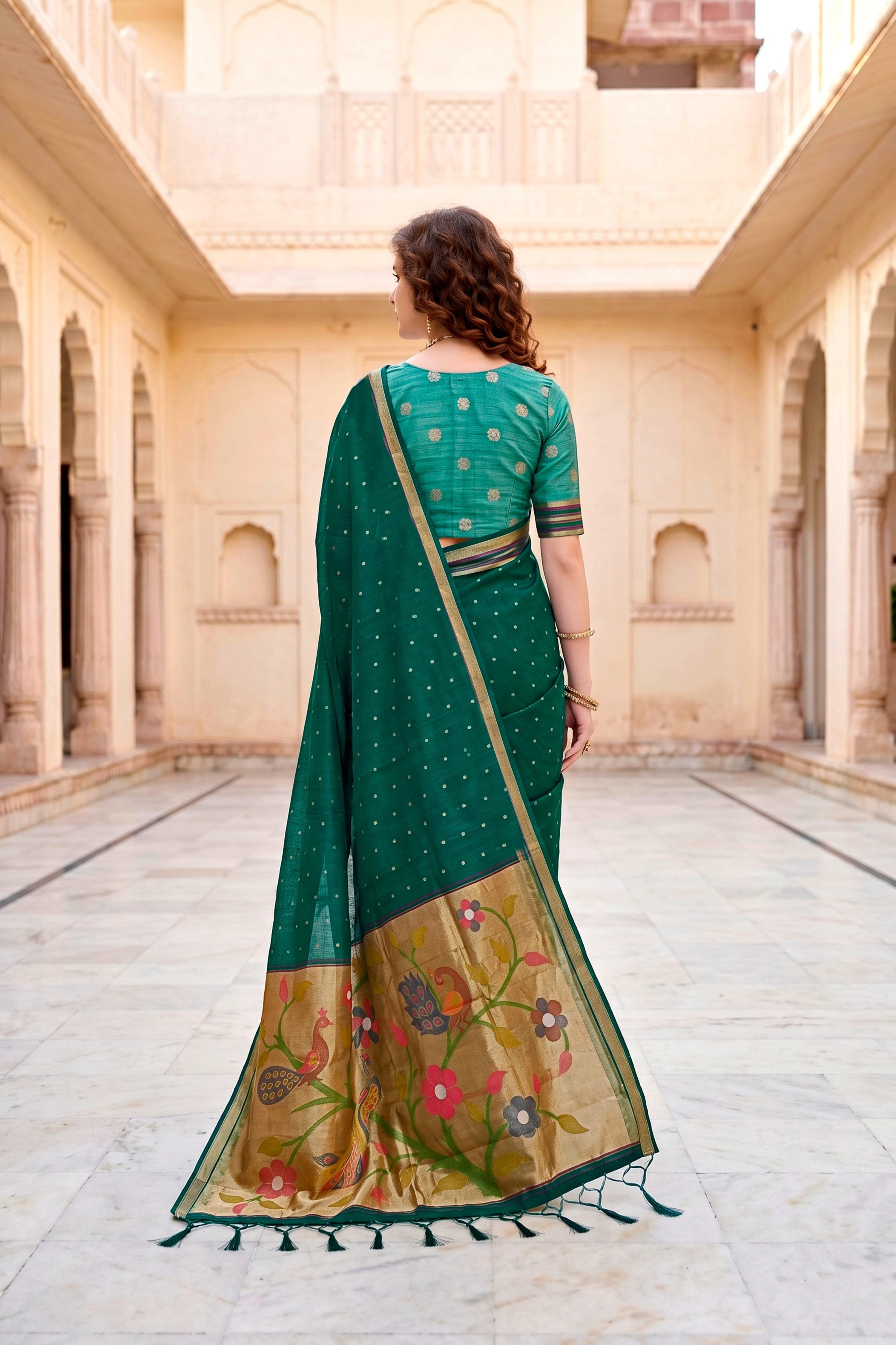 Sangam Prints Emerald Green Cotton Blend Woven Work Traditional Saree | Grocsy