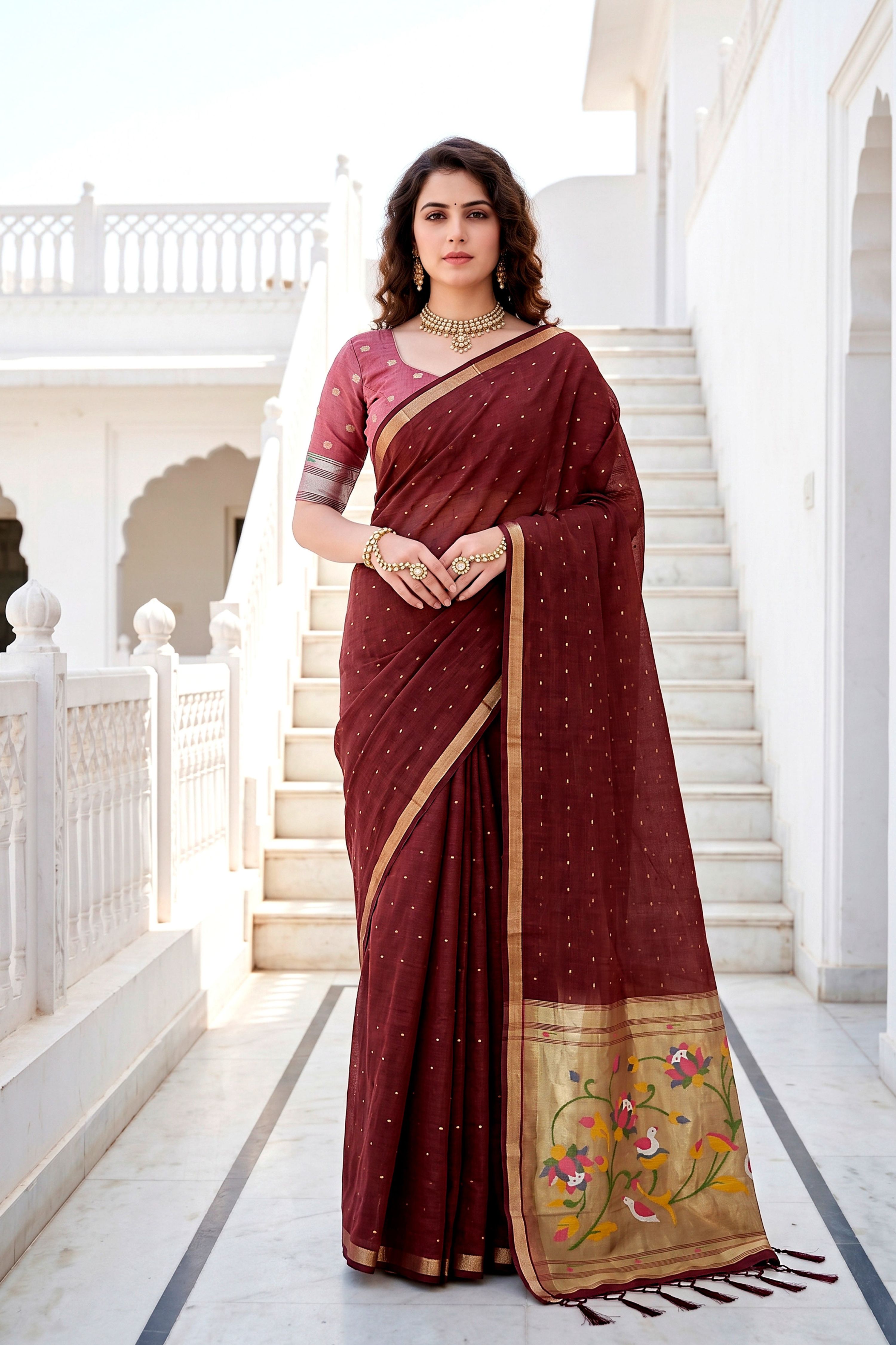Sangam Prints Maroon Cotton Blend Woven Work Traditional Saree | Grocsy