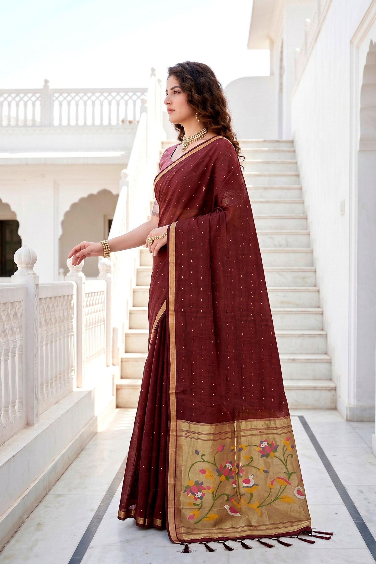 Sangam Prints Maroon Cotton Blend Woven Work Traditional Saree | Grocsy