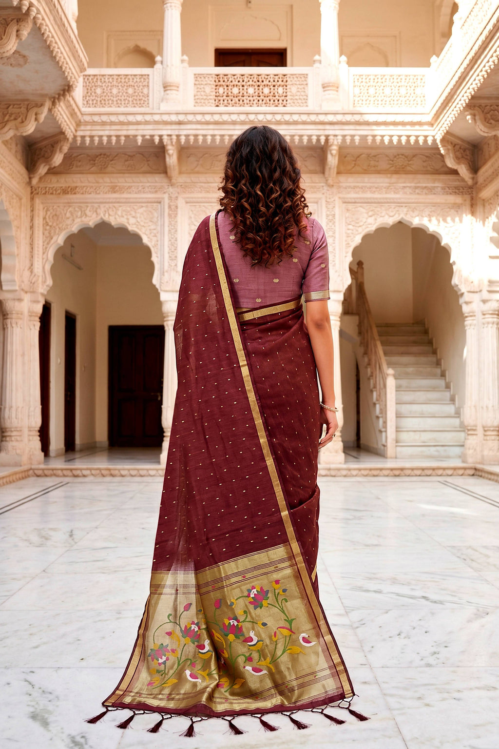 Sangam Prints Maroon Cotton Blend Woven Work Traditional Saree | Grocsy