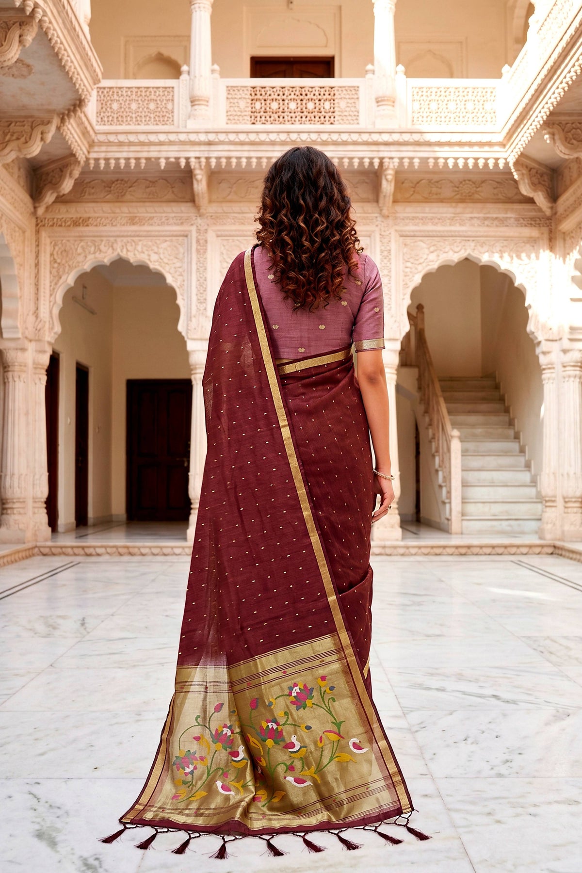 Sangam Prints Maroon Cotton Blend Woven Work Traditional Saree | Grocsy
