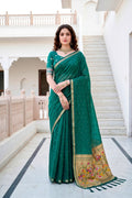 Sangam Prints Emerald Green Cotton Blend Woven Work Traditional Saree | Grocsy