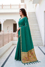 Sangam Prints Emerald Green Cotton Blend Woven Work Traditional Saree | Grocsy