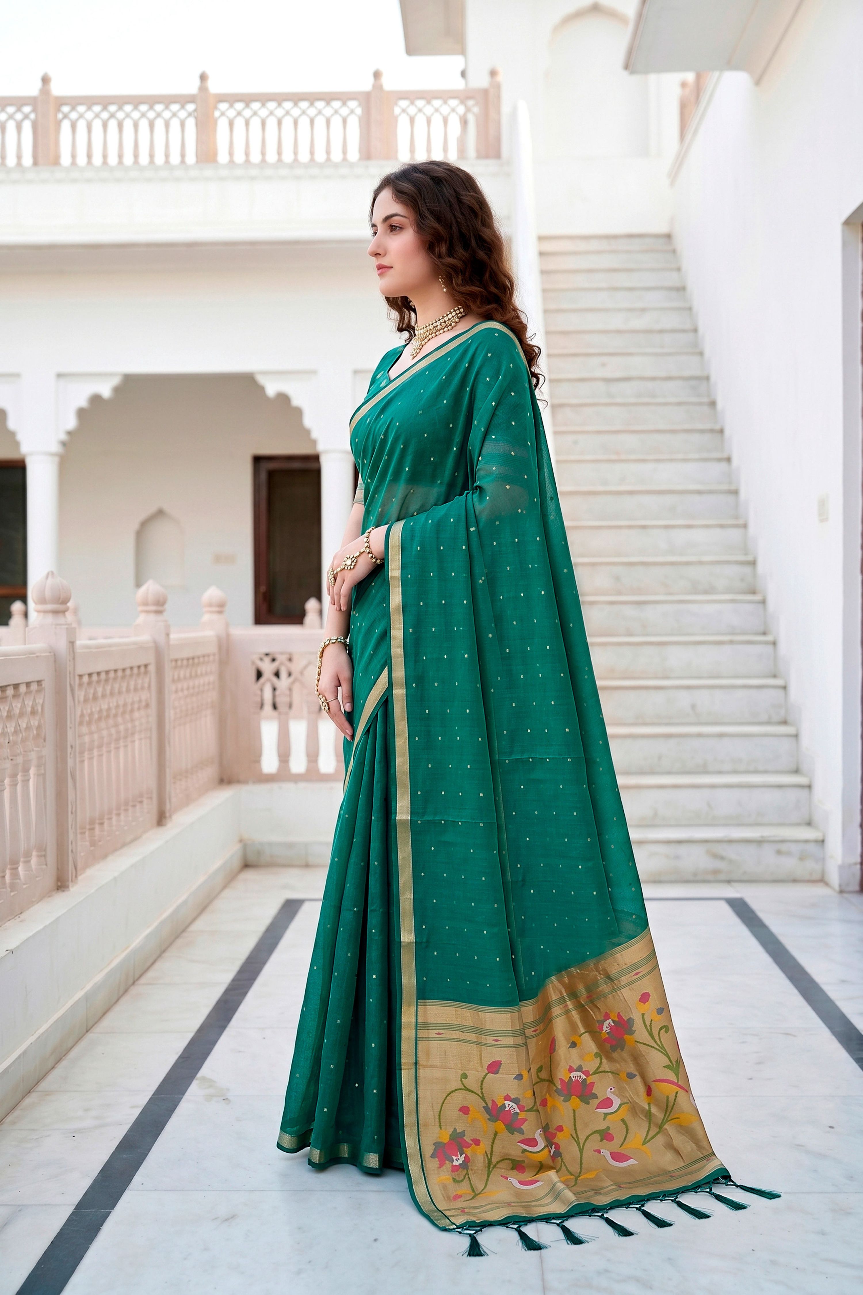 Sangam Prints Emerald Green Cotton Blend Woven Work Traditional Saree | Grocsy