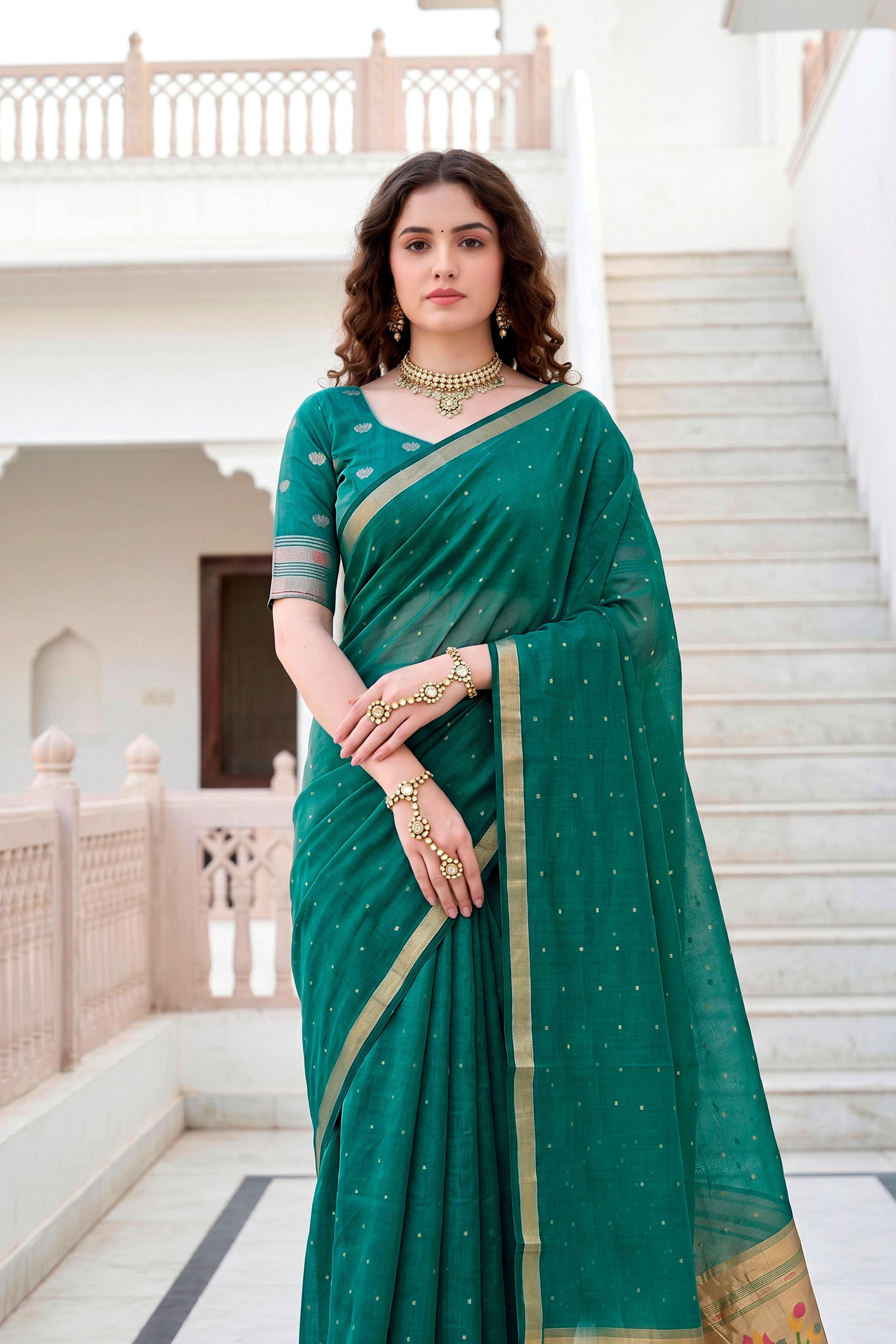 Sangam Prints Emerald Green Cotton Blend Woven Work Traditional Saree | Grocsy