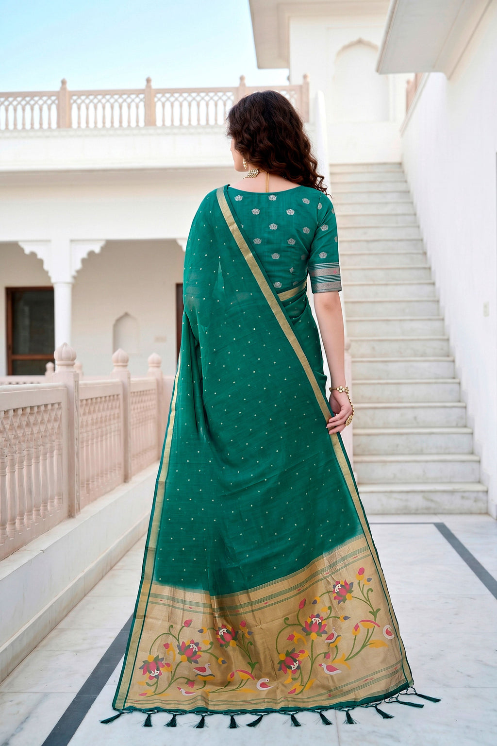 Sangam Prints Emerald Green Cotton Blend Woven Work Traditional Saree | Grocsy