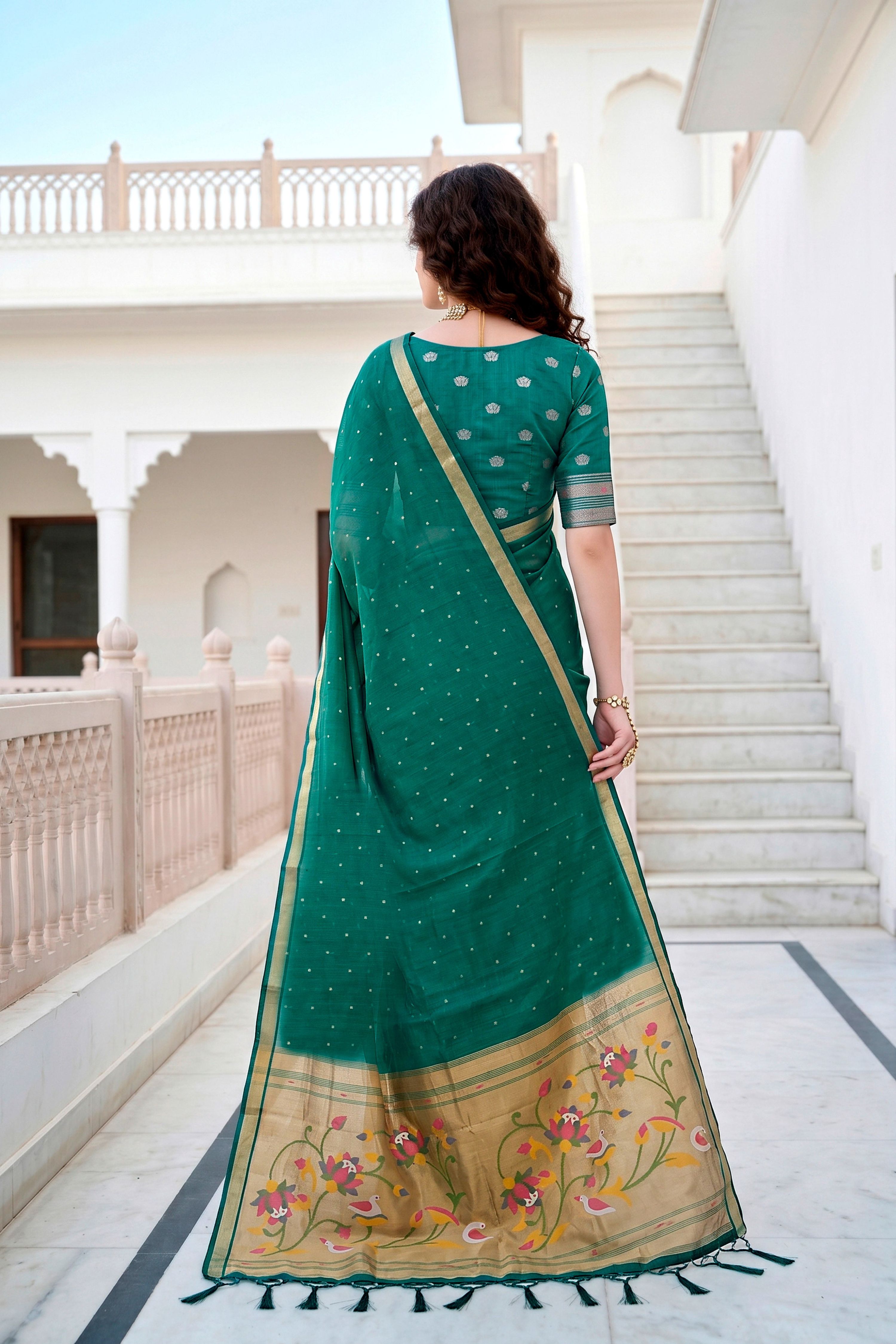 Sangam Prints Emerald Green Cotton Blend Woven Work Traditional Saree | Grocsy