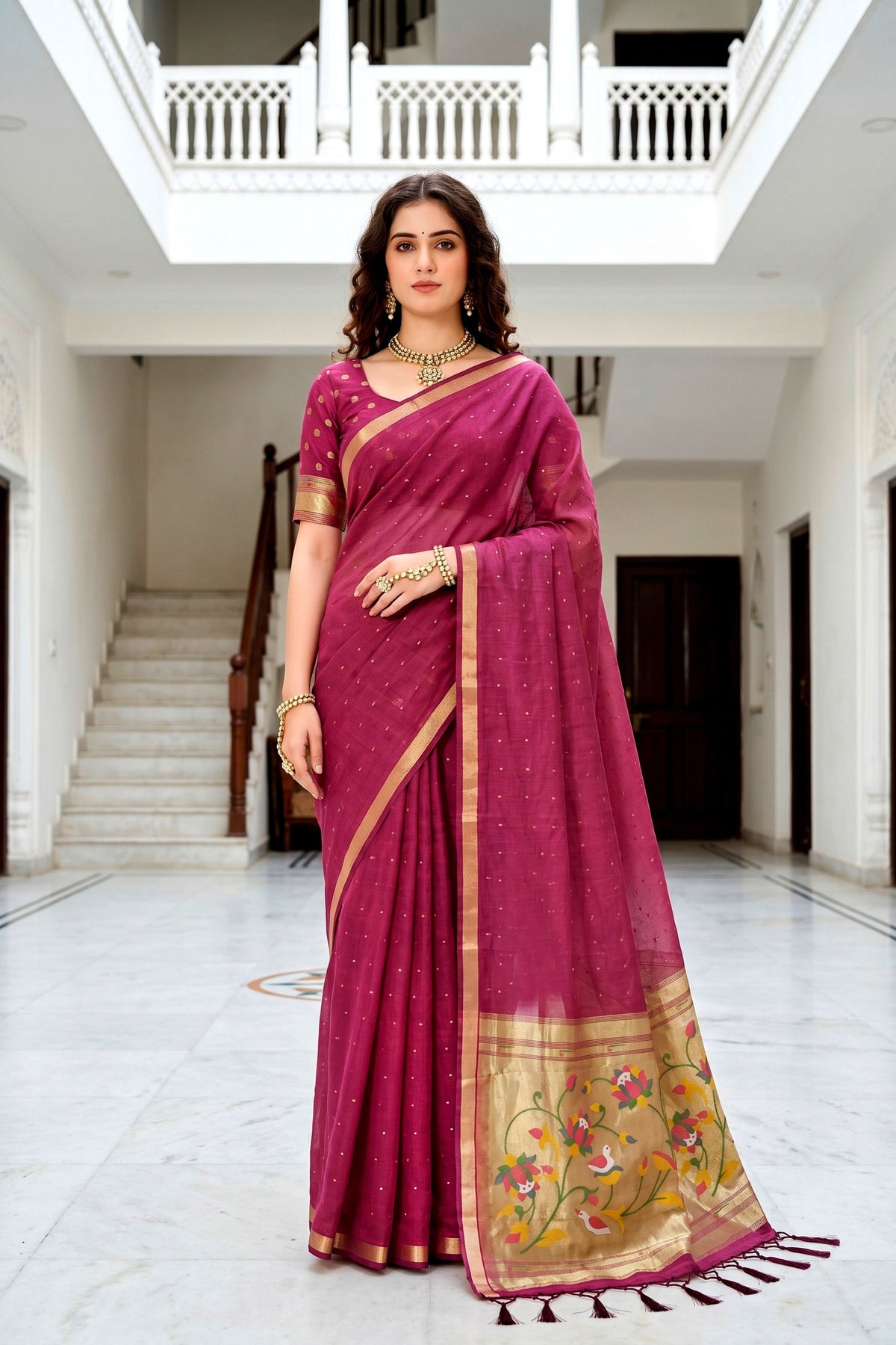 Sangam Prints Pink Cotton Blend Woven Work Traditional Saree | Grocsy