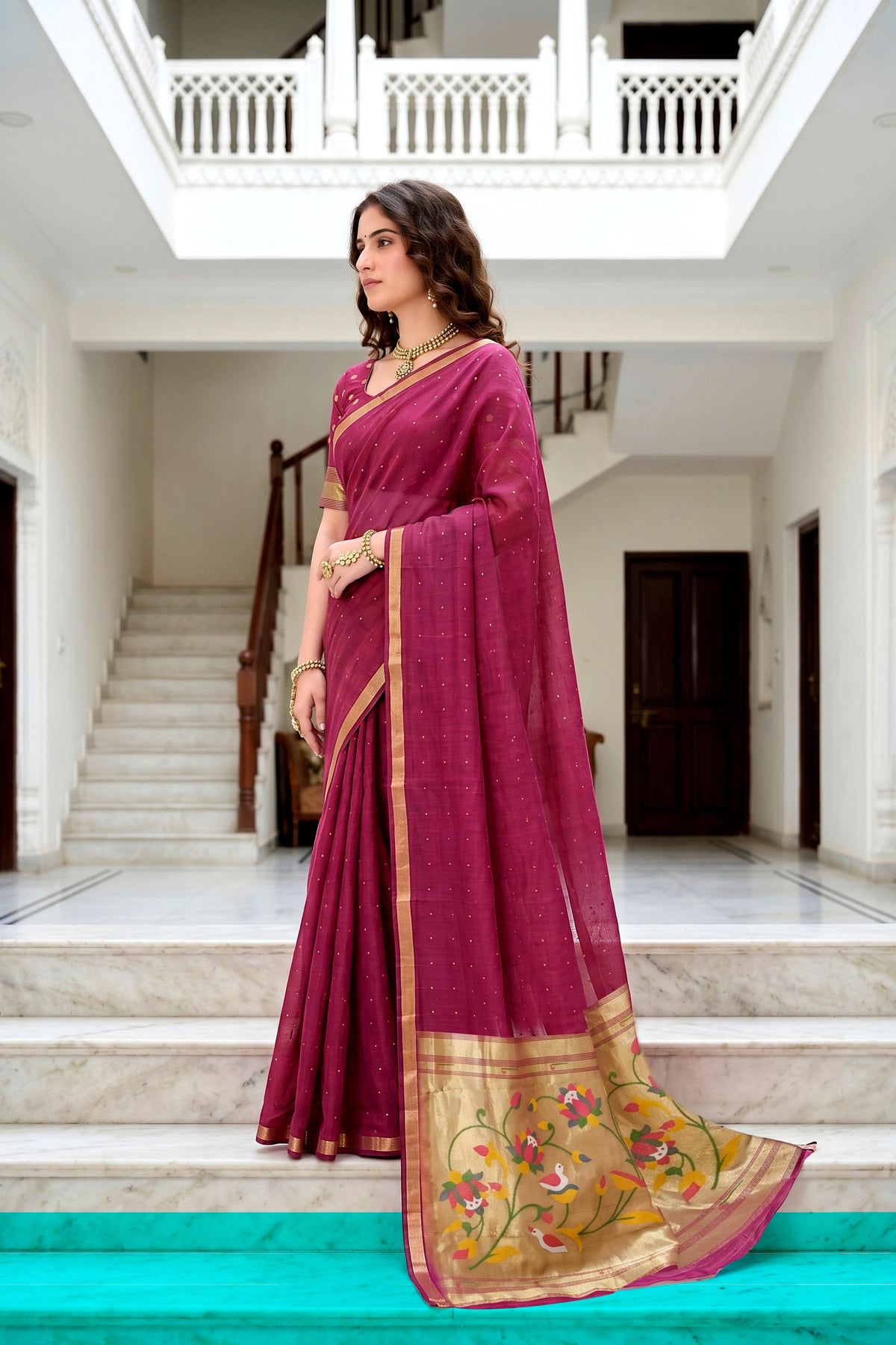 Sangam Prints Pink Cotton Blend Woven Work Traditional Saree | Grocsy