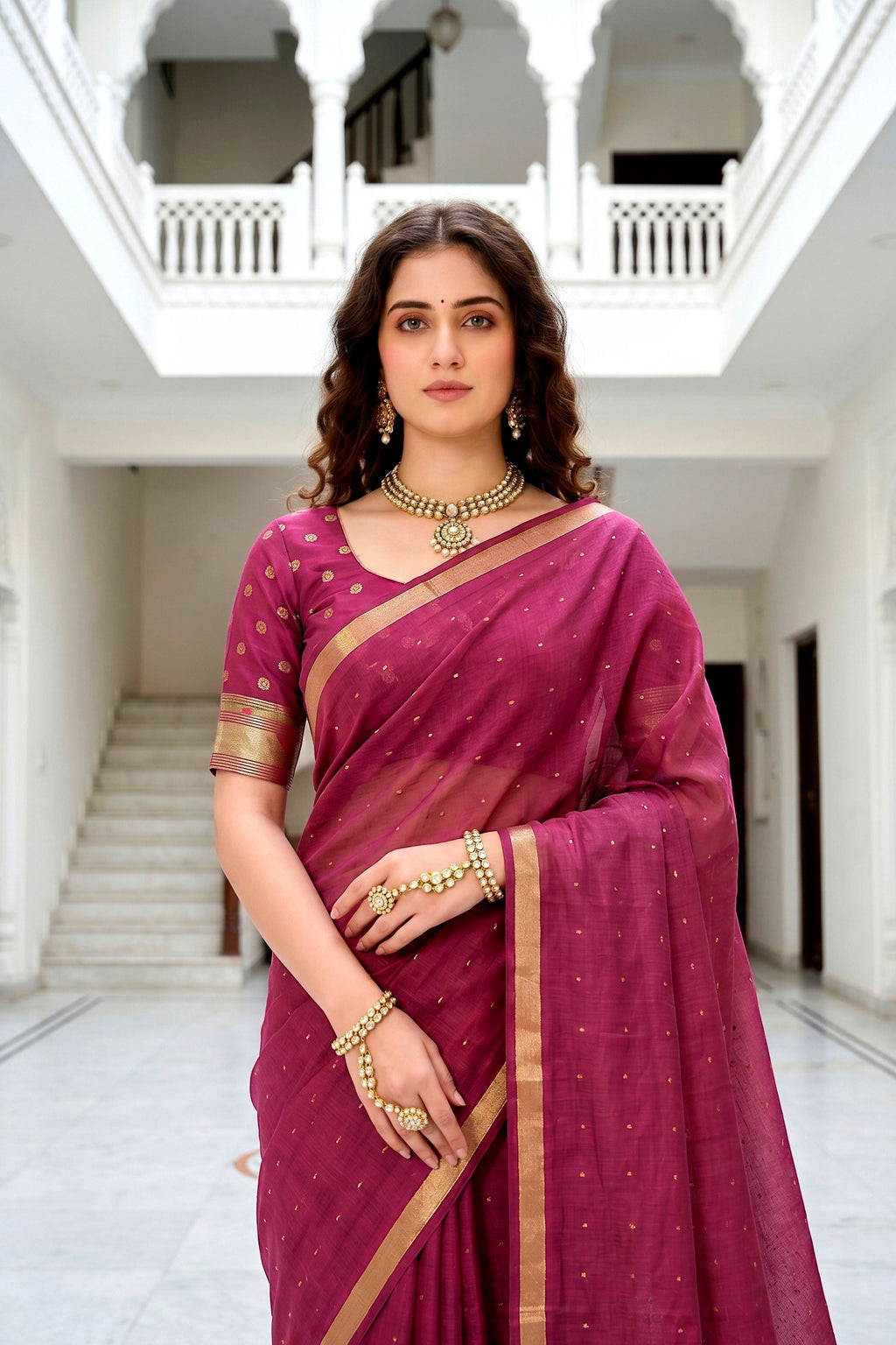 Sangam Prints Pink Cotton Blend Woven Work Traditional Saree | Grocsy