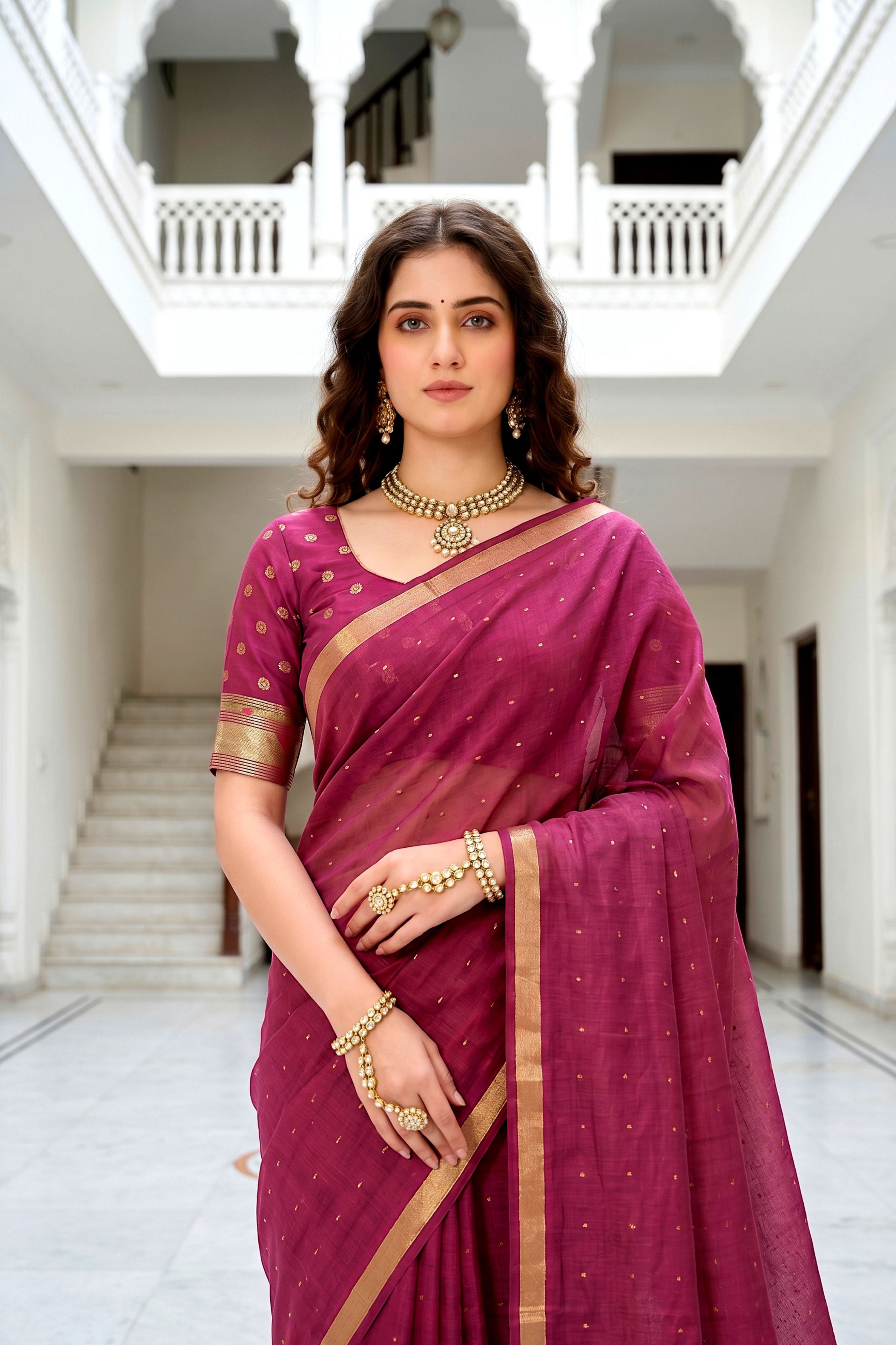 Sangam Prints Pink Cotton Blend Woven Work Traditional Saree | Grocsy