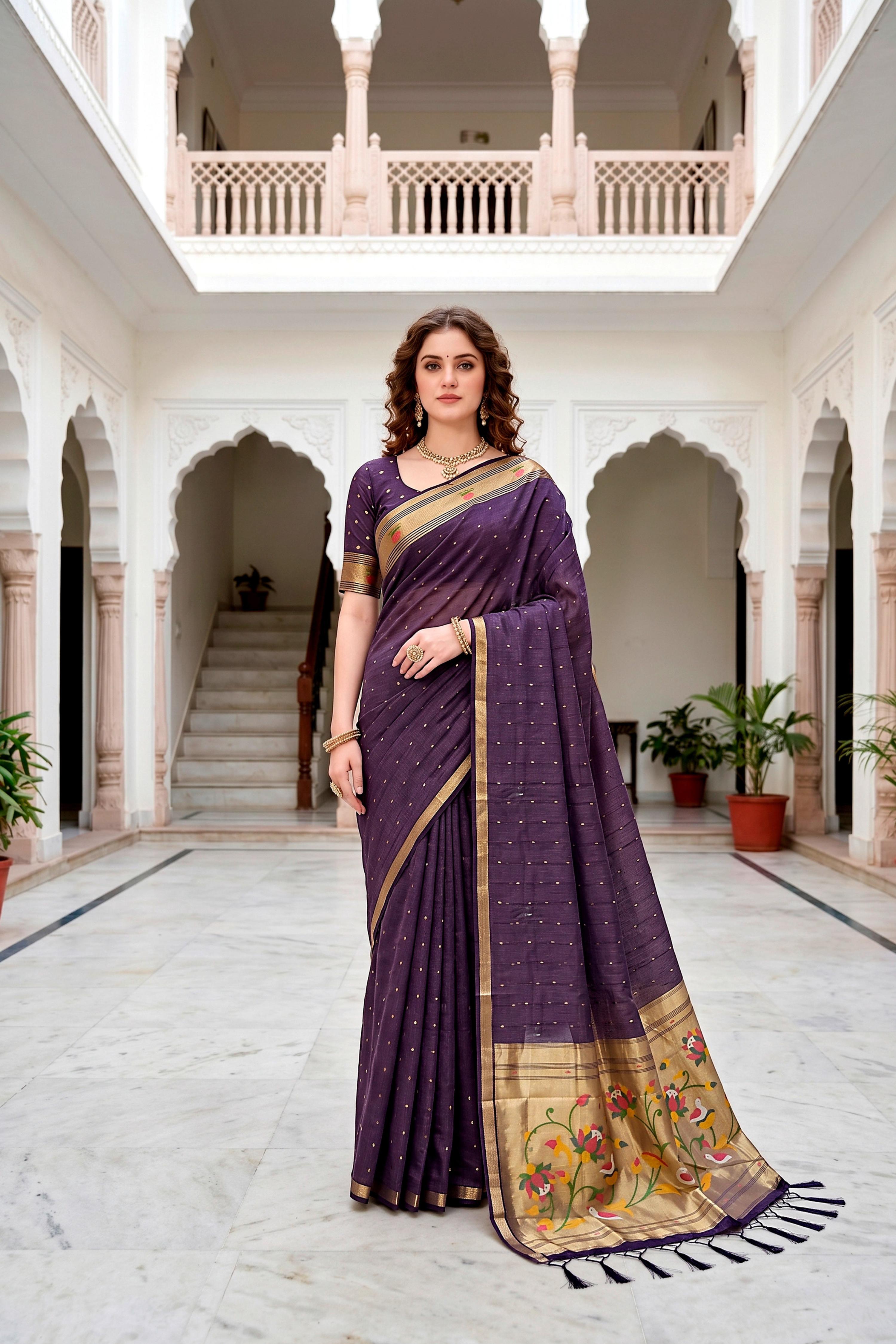 Sangam Prints Violet Cotton Blend Woven Work Traditional Saree | Grocsy
