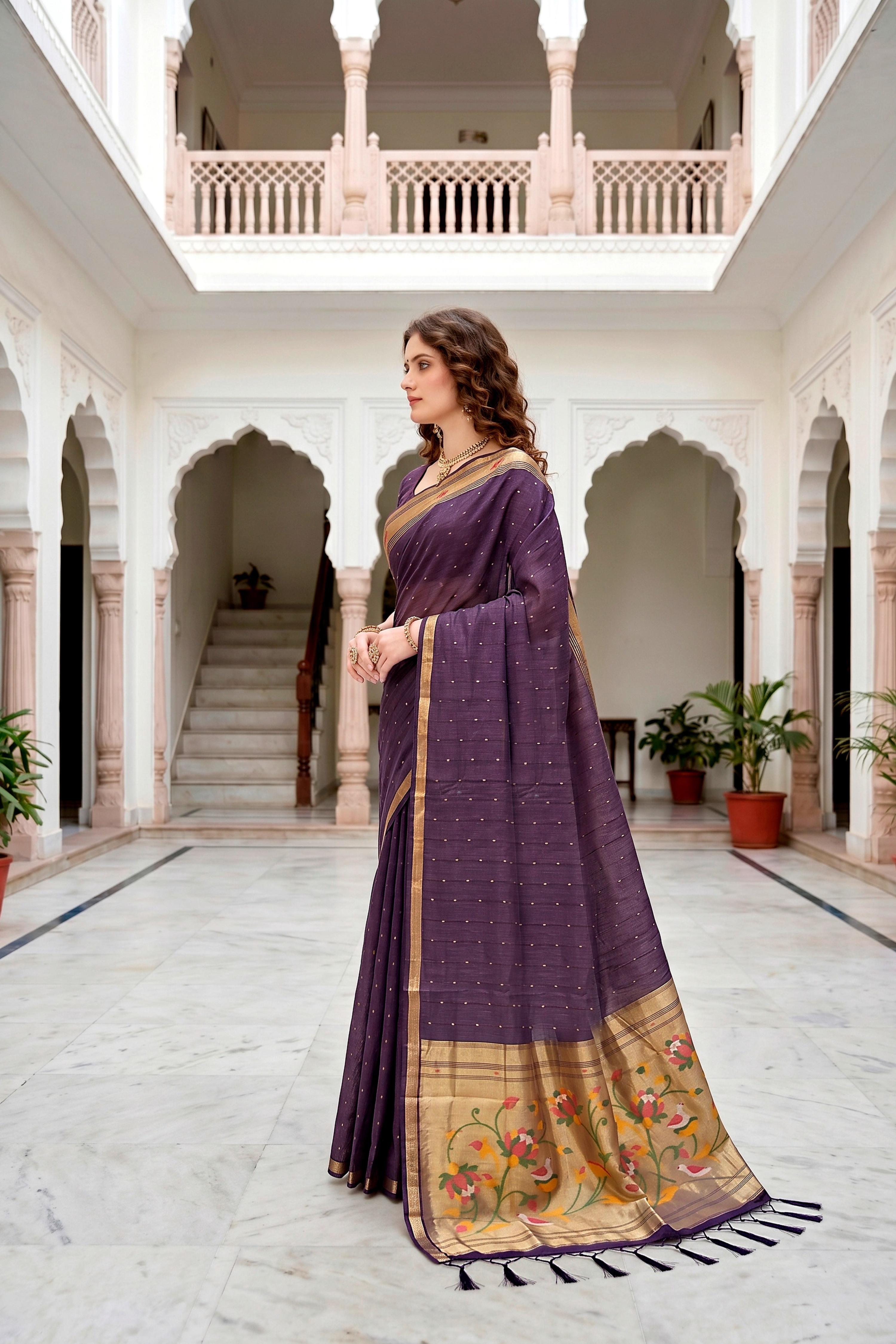 Sangam Prints Violet Cotton Blend Woven Work Traditional Saree | Grocsy