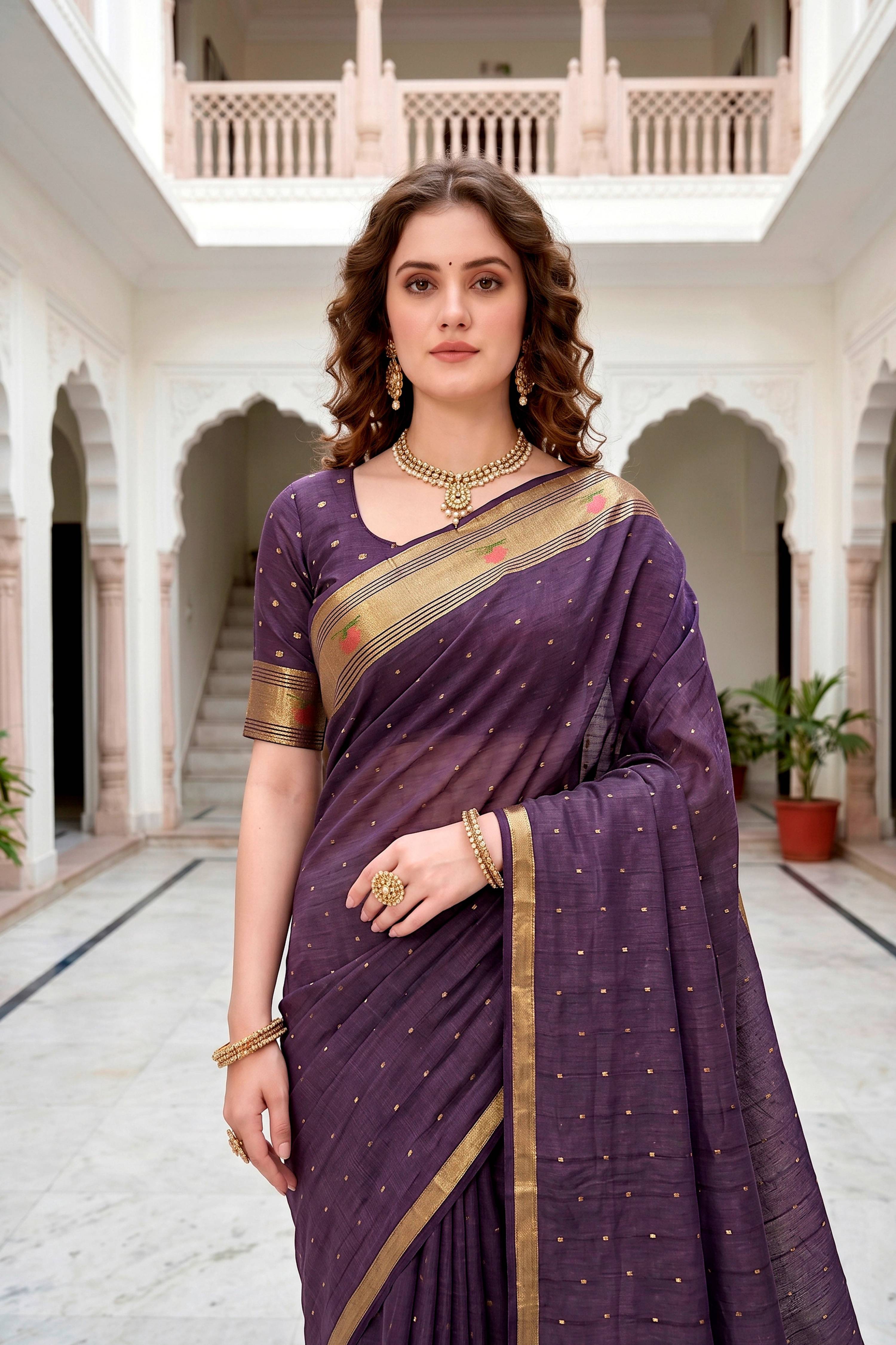 Sangam Prints Violet Cotton Blend Woven Work Traditional Saree | Grocsy