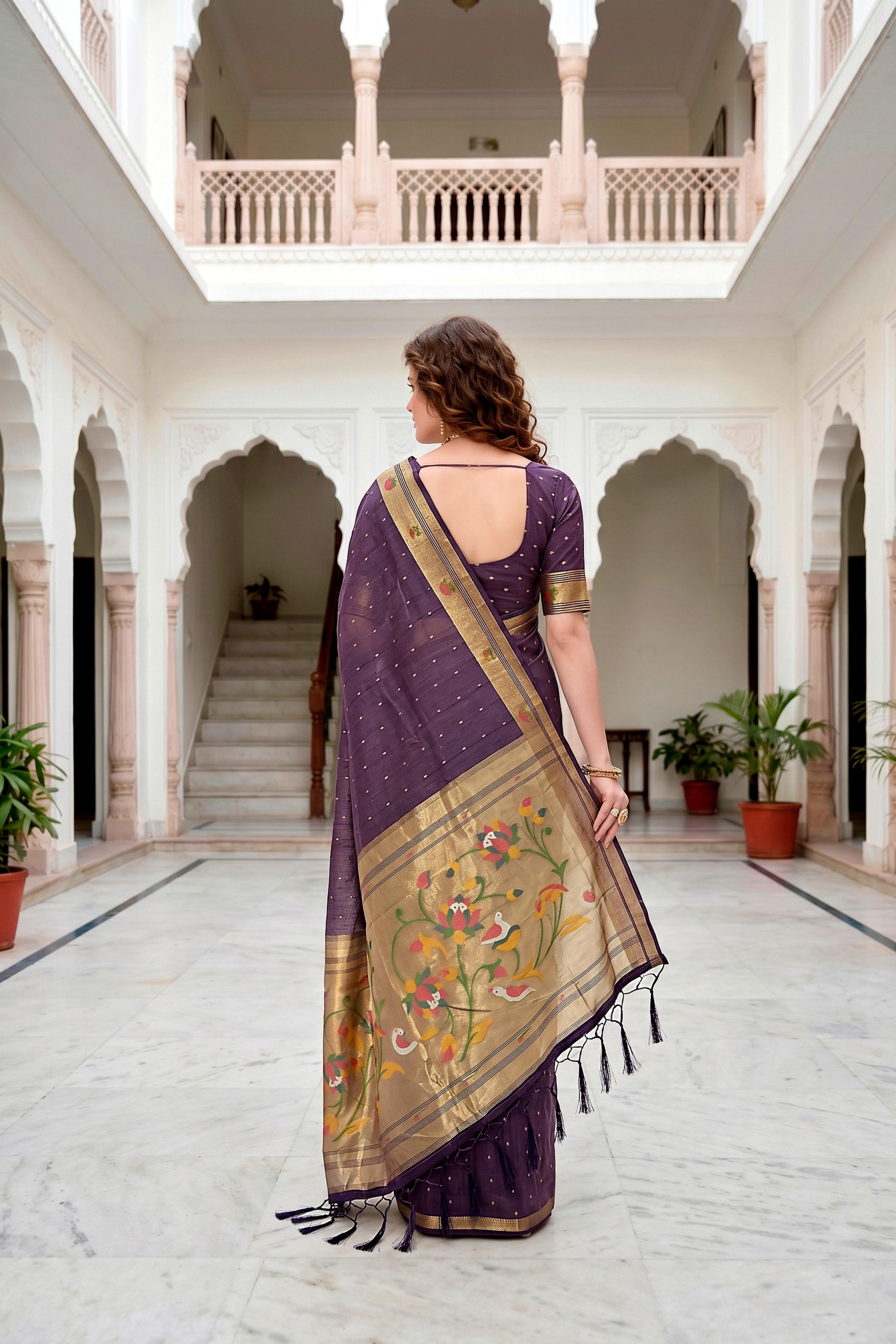 Sangam Prints Violet Cotton Blend Woven Work Traditional Saree | Grocsy