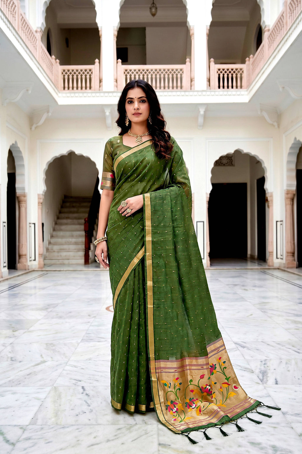 Sangam Prints Mehndi Green Cotton Blend Woven Work Traditional Saree | Grocsy