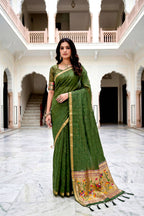 Sangam Prints Mehndi Green Cotton Blend Woven Work Traditional Saree | Grocsy