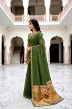 Sangam Prints Mehndi Green Cotton Blend Woven Work Traditional Saree | Grocsy