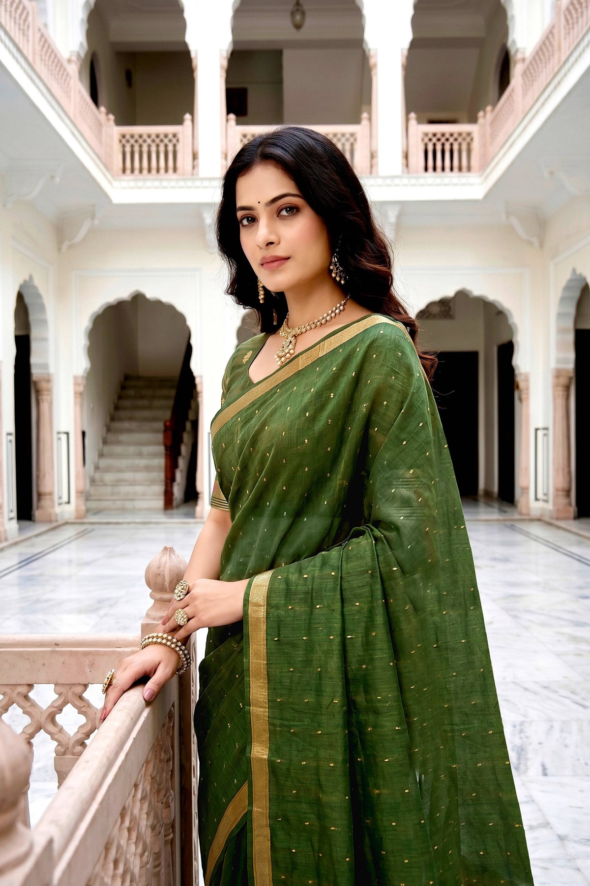 Sangam Prints Mehndi Green Cotton Blend Woven Work Traditional Saree | Grocsy