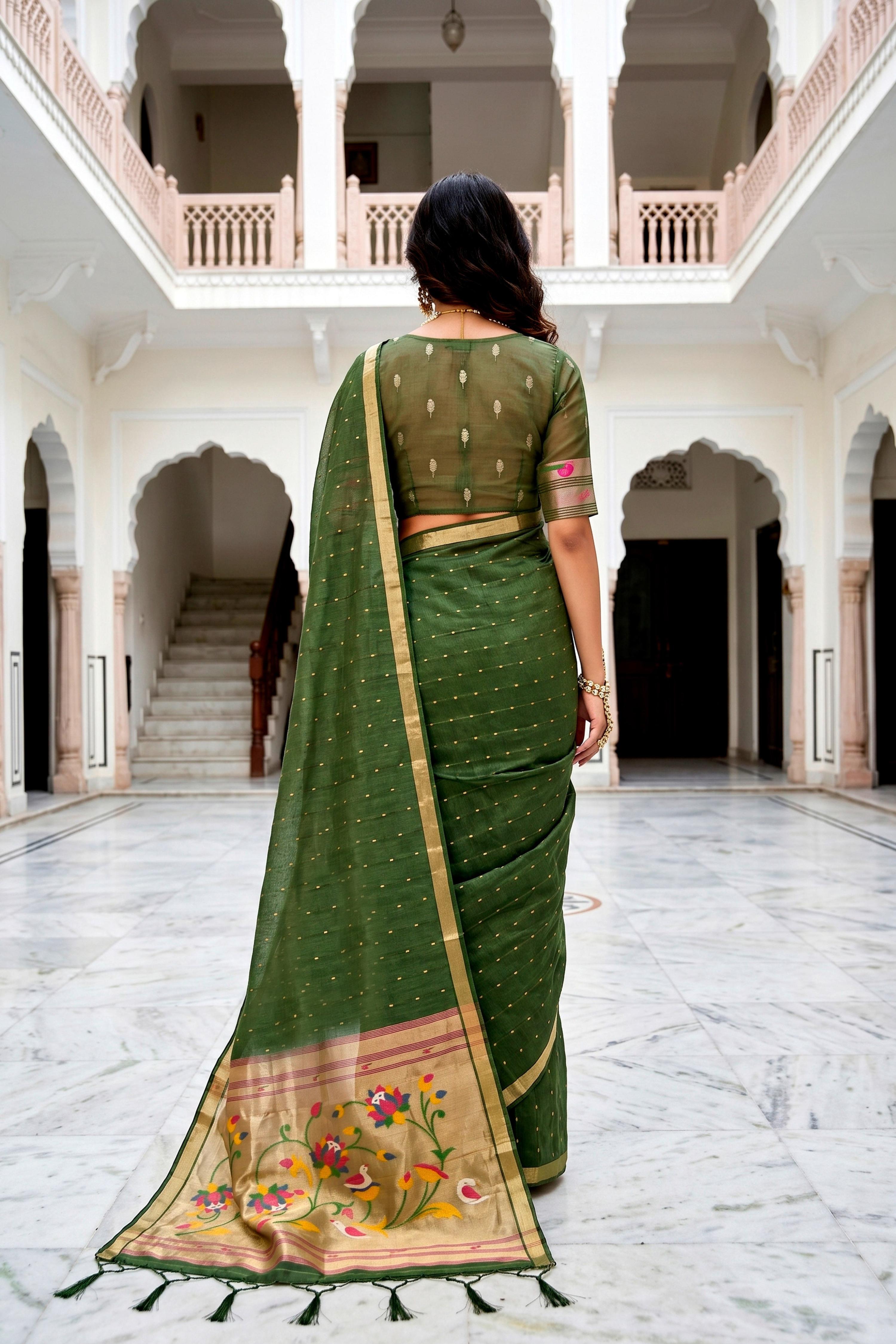 Sangam Prints Mehndi Green Cotton Blend Woven Work Traditional Saree | Grocsy