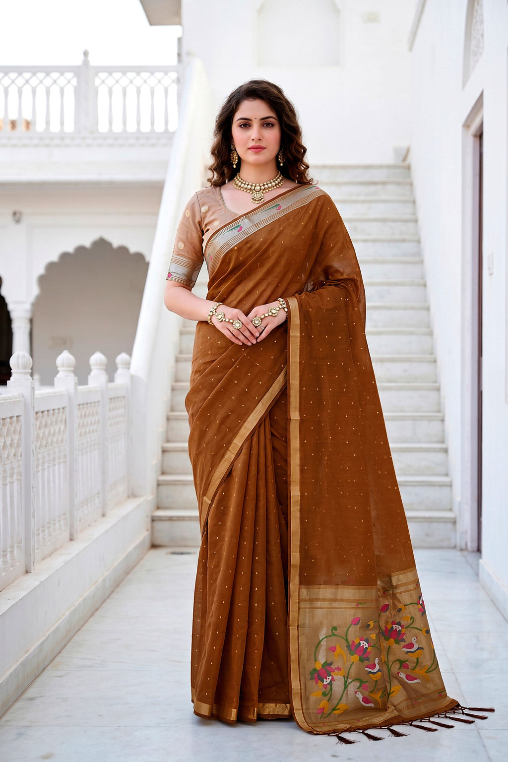 Sangam Prints Mustard Brown Cotton Blend Woven Work Traditional Saree | Grocsy