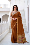 Sangam Prints Mustard Brown Cotton Blend Woven Work Traditional Saree | Grocsy
