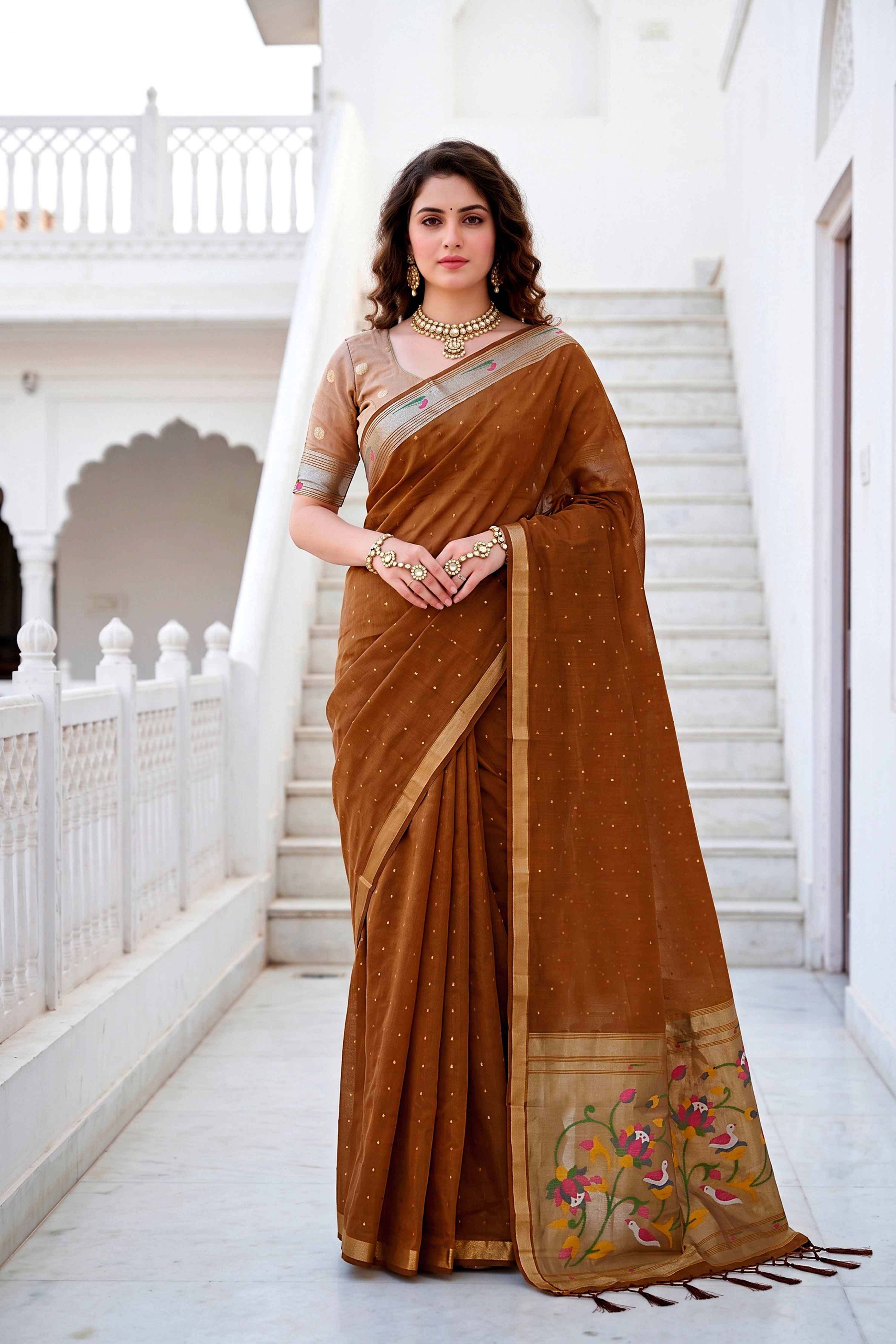 Sangam Prints Mustard Brown Cotton Blend Woven Work Traditional Saree | Grocsy