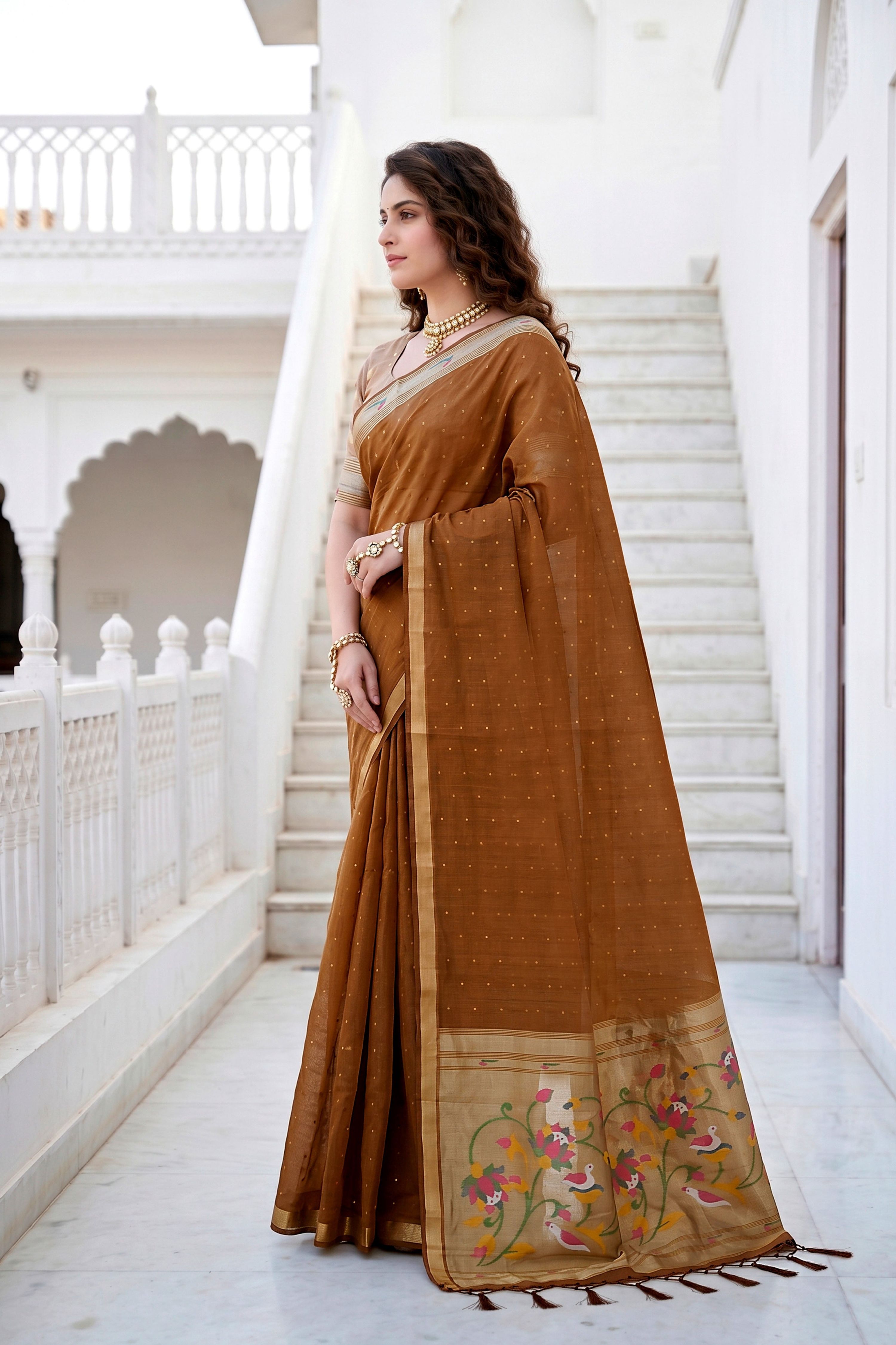 Sangam Prints Mustard Brown Cotton Blend Woven Work Traditional Saree | Grocsy