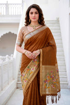 Sangam Prints Mustard Brown Cotton Blend Woven Work Traditional Saree | Grocsy