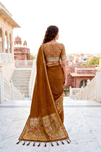 Sangam Prints Mustard Brown Cotton Blend Woven Work Traditional Saree | Grocsy