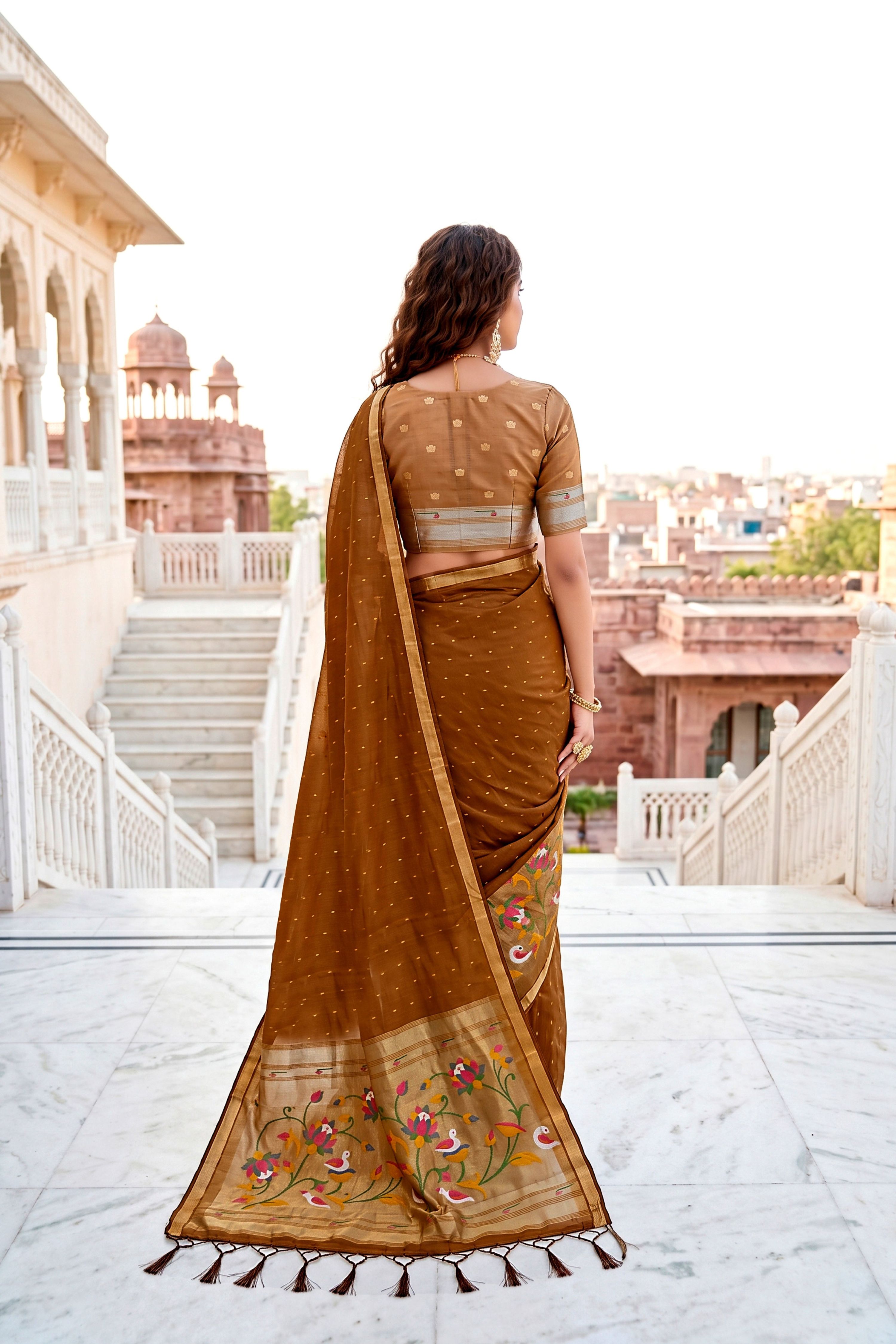 Sangam Prints Mustard Brown Cotton Blend Woven Work Traditional Saree | Grocsy