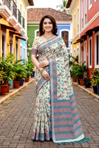 Sangam Prints Blue Cotton Blend Woven Work Traditional Saree | Grocsy