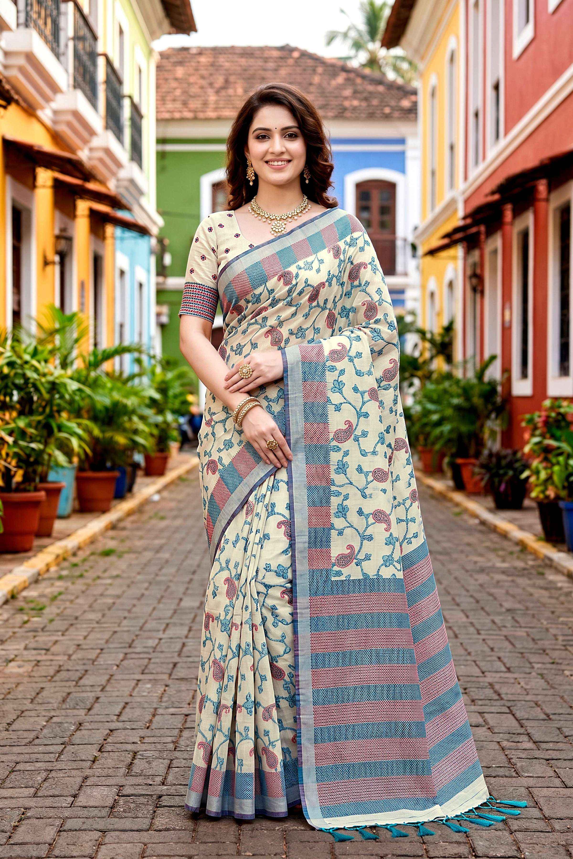 Sangam Prints Blue Cotton Blend Woven Work Traditional Saree | Grocsy