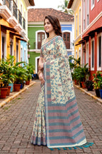 Sangam Prints Blue Cotton Blend Woven Work Traditional Saree | Grocsy