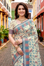 Sangam Prints Blue Cotton Blend Woven Work Traditional Saree | Grocsy