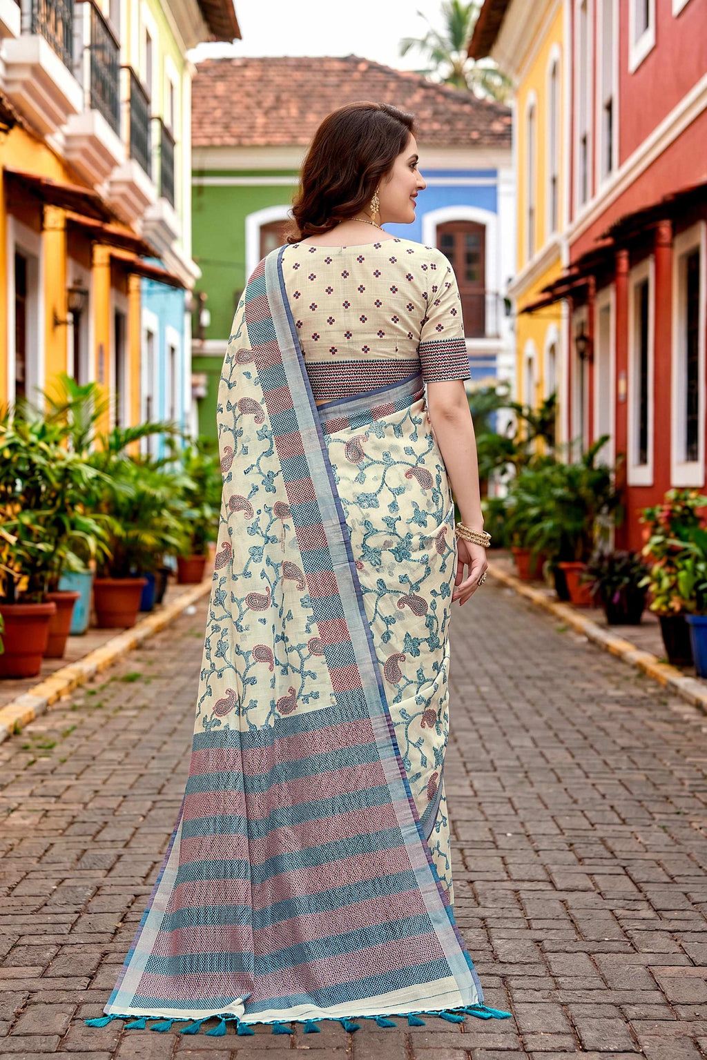 Sangam Prints Blue Cotton Blend Woven Work Traditional Saree | Grocsy