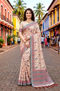 Sangam Prints Ivory Beige Cotton Blend Woven Work Traditional Saree | Grocsy