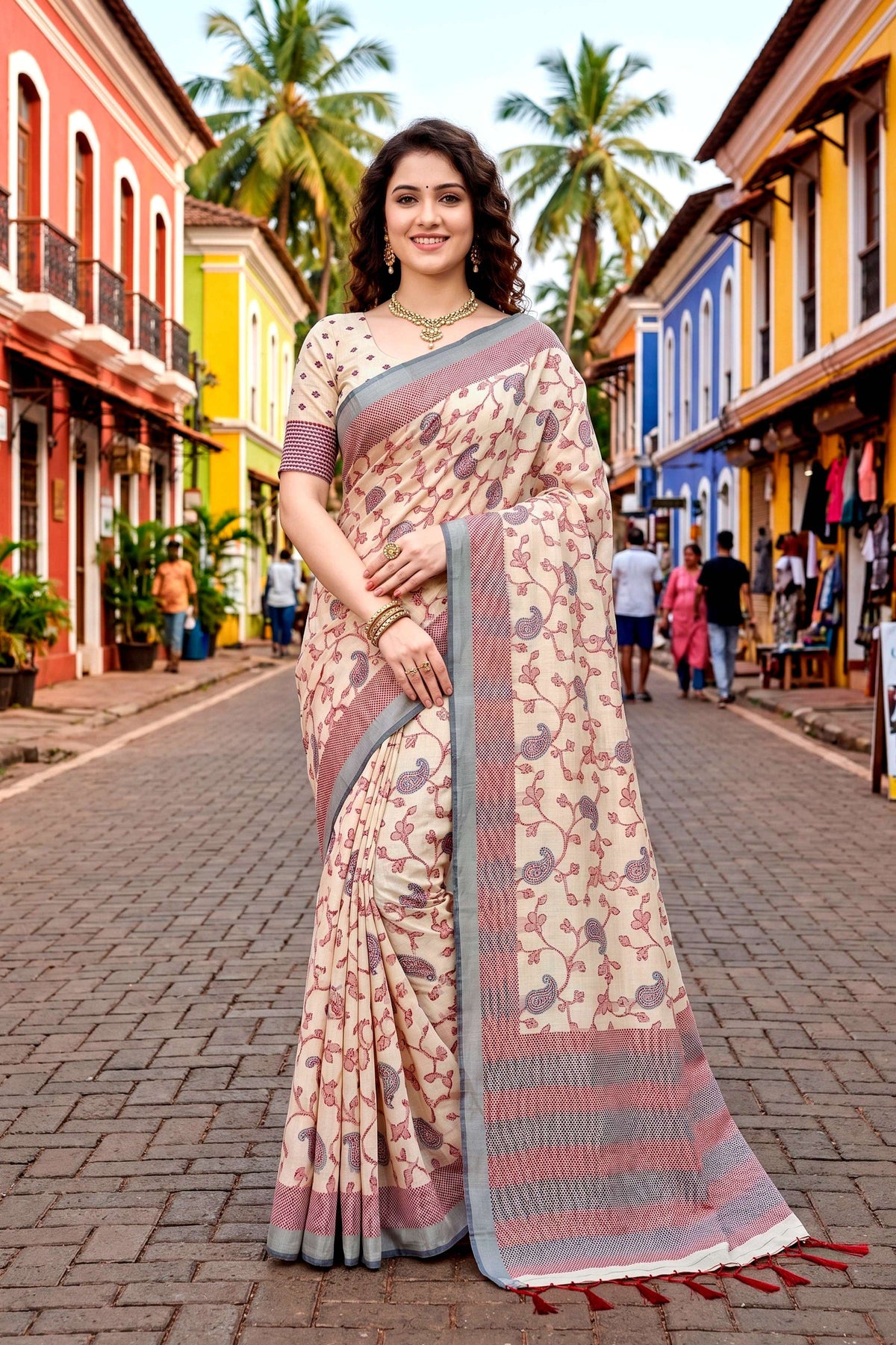 Sangam Prints Ivory Beige Cotton Blend Woven Work Traditional Saree | Grocsy