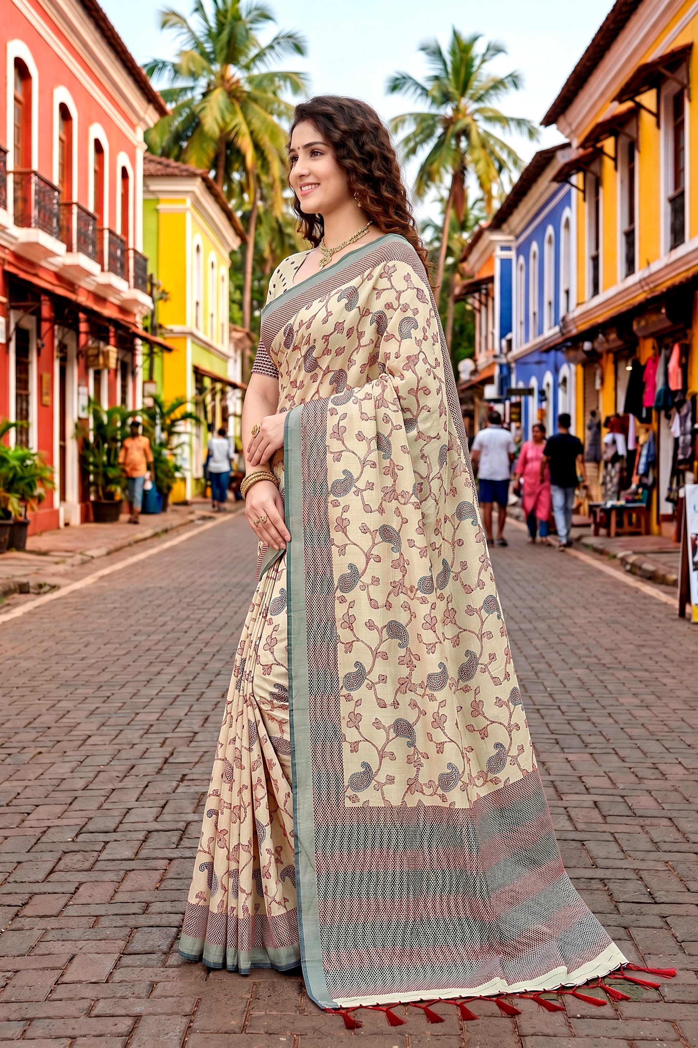 Sangam Prints Ivory Beige Cotton Blend Woven Work Traditional Saree | Grocsy