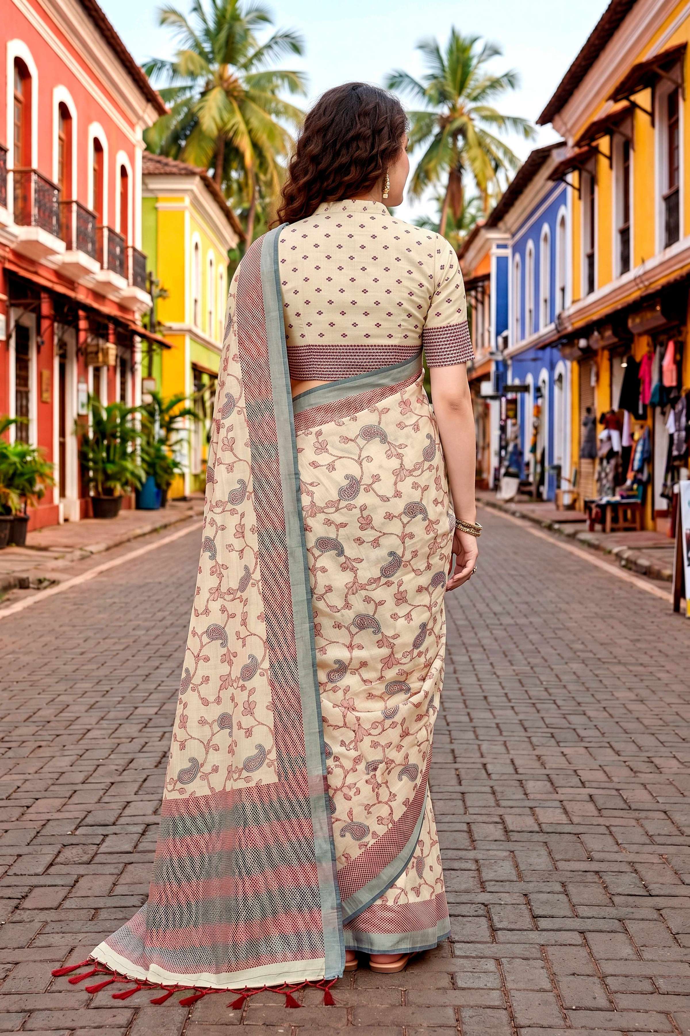 Sangam Prints Ivory Beige Cotton Blend Woven Work Traditional Saree | Grocsy